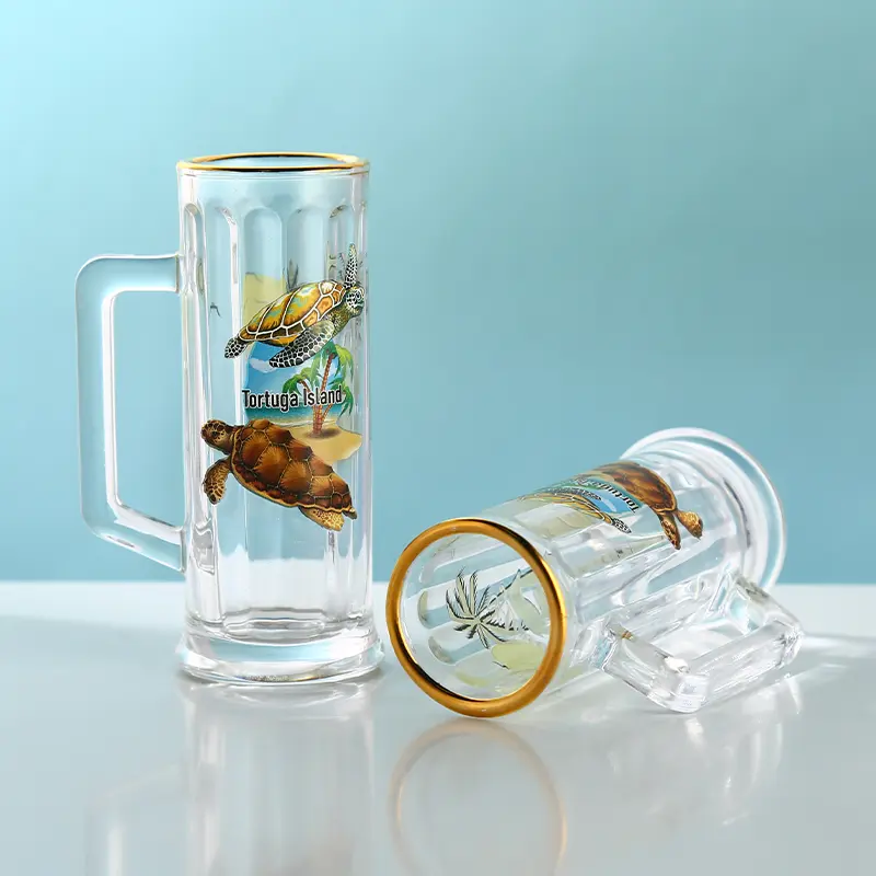 mini-beer-mug-gold-rim-detail Mini beer mug glass with gold rim and custom sea turtle souvenir decoration