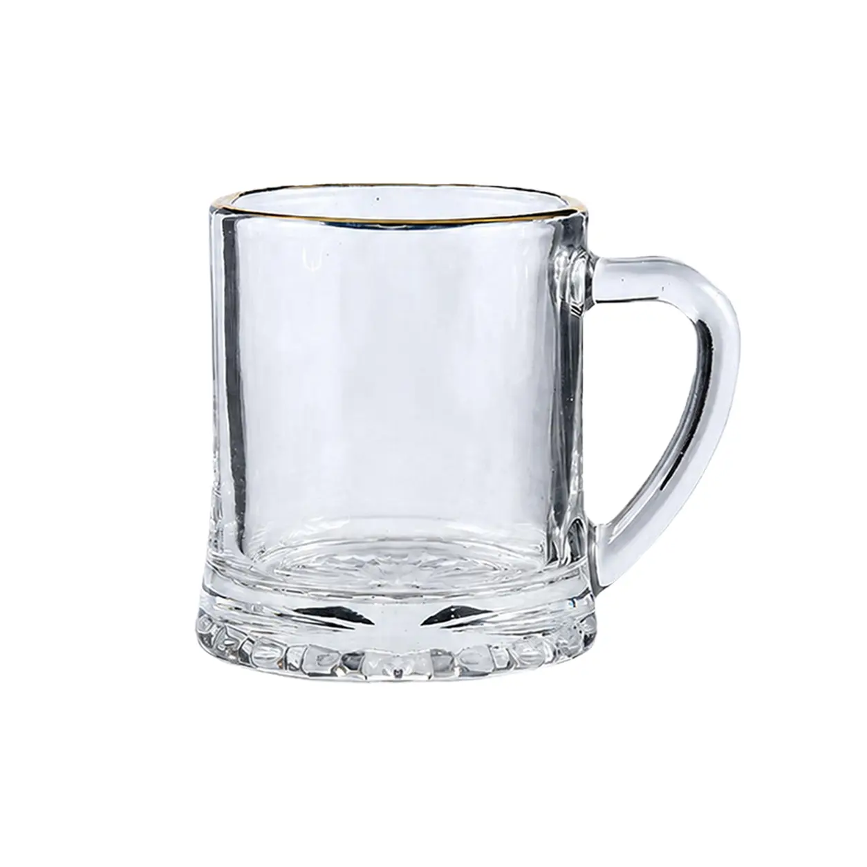 Clear mini shot glasses with handles and gold rim for liquor and sake drinking