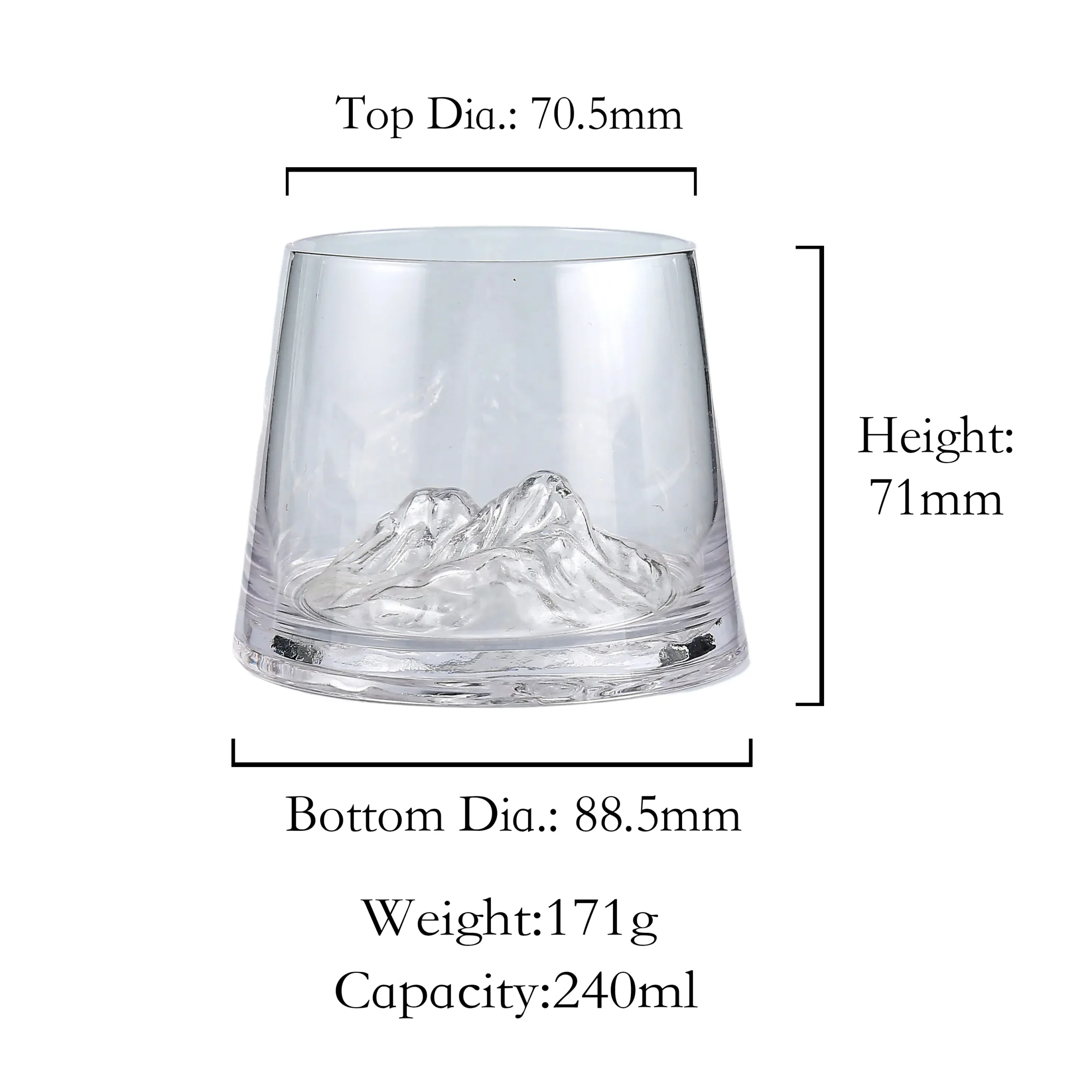 Clear mountain base whiskey glass 240ml for bourbon and scotch