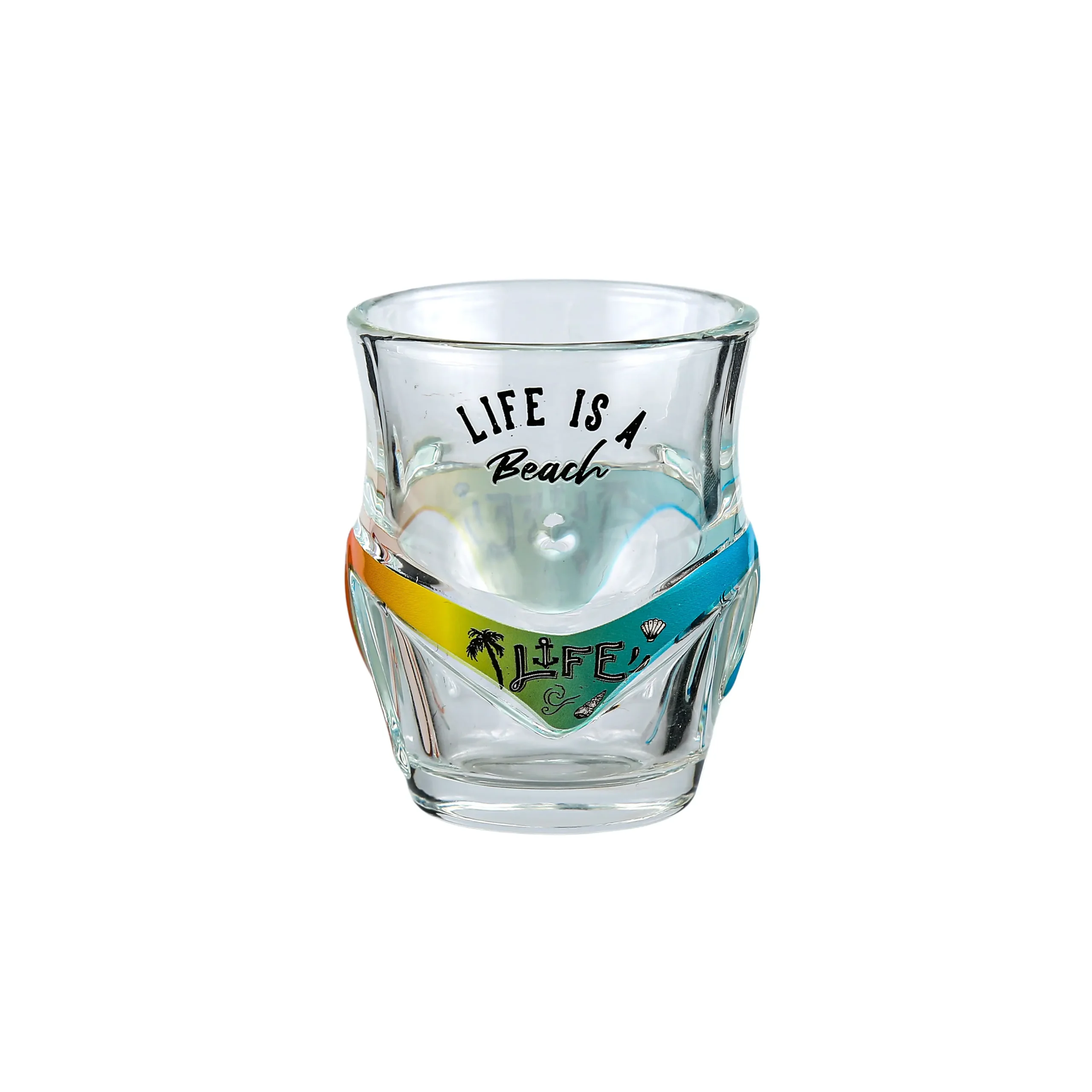 Creative bikini-shaped funny glass shot glass with colorful swimwear pattern and thick base
