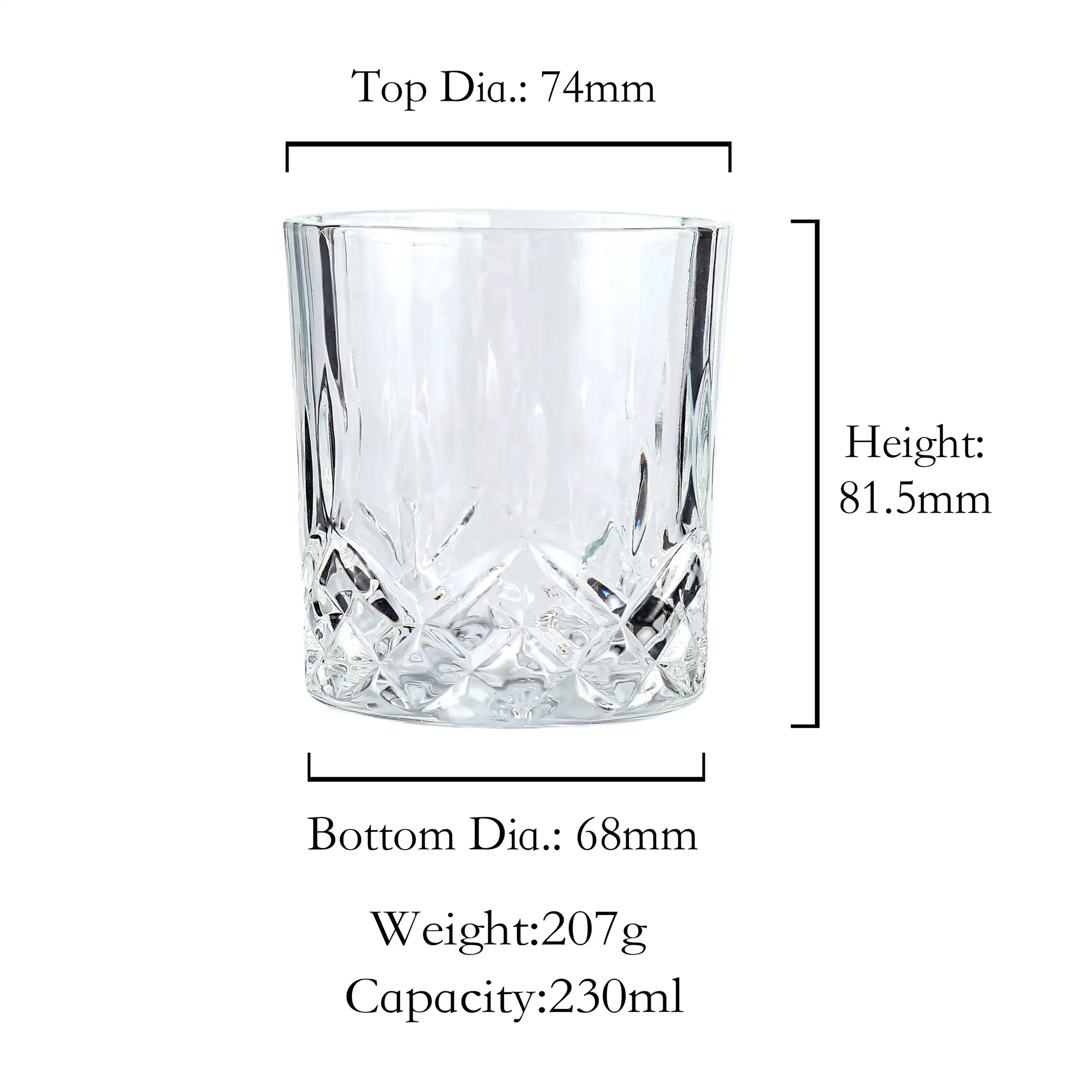Old fashioned glassware dimensions showing height diameter and capacity