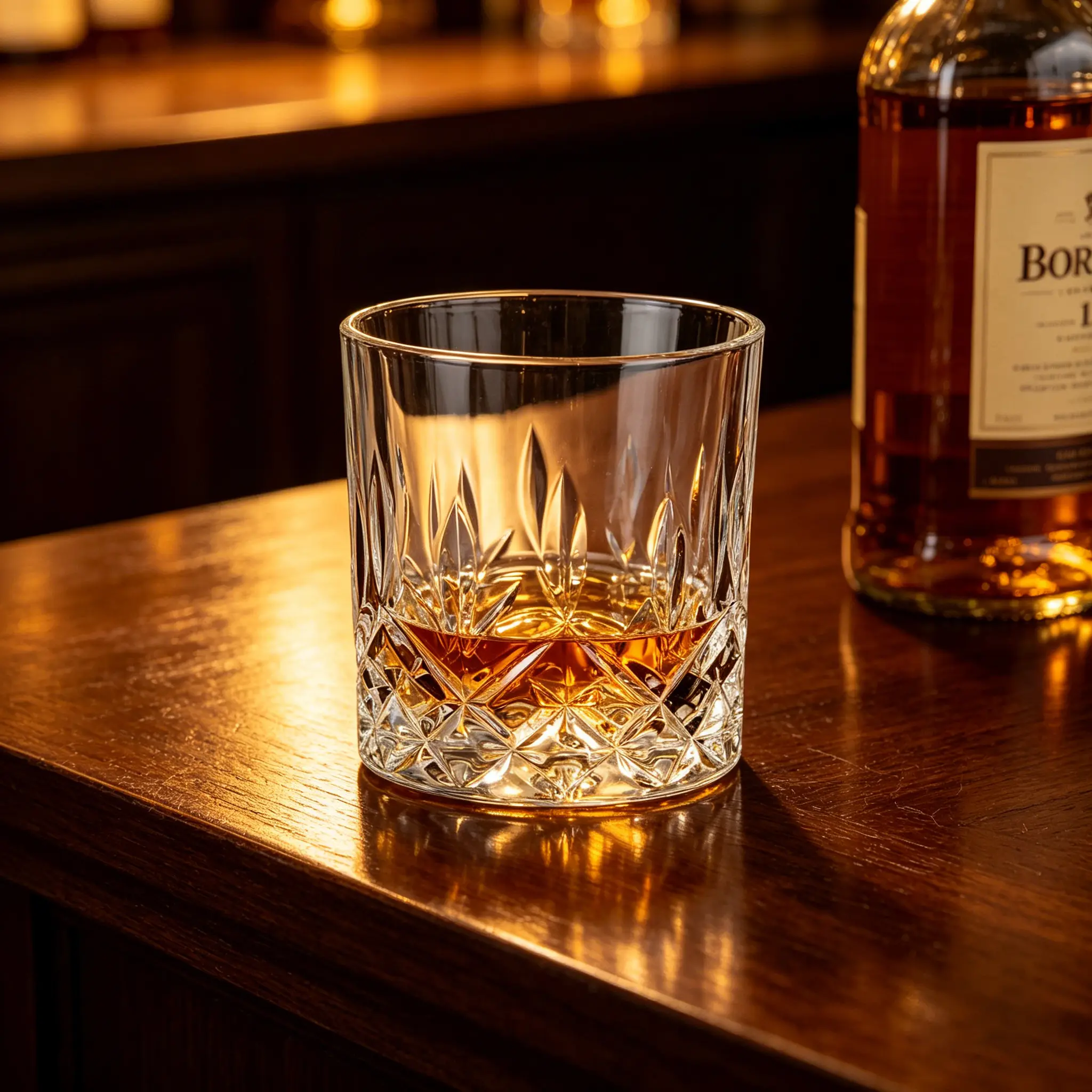 Old fashioned glassware filled with whiskey on bar counter