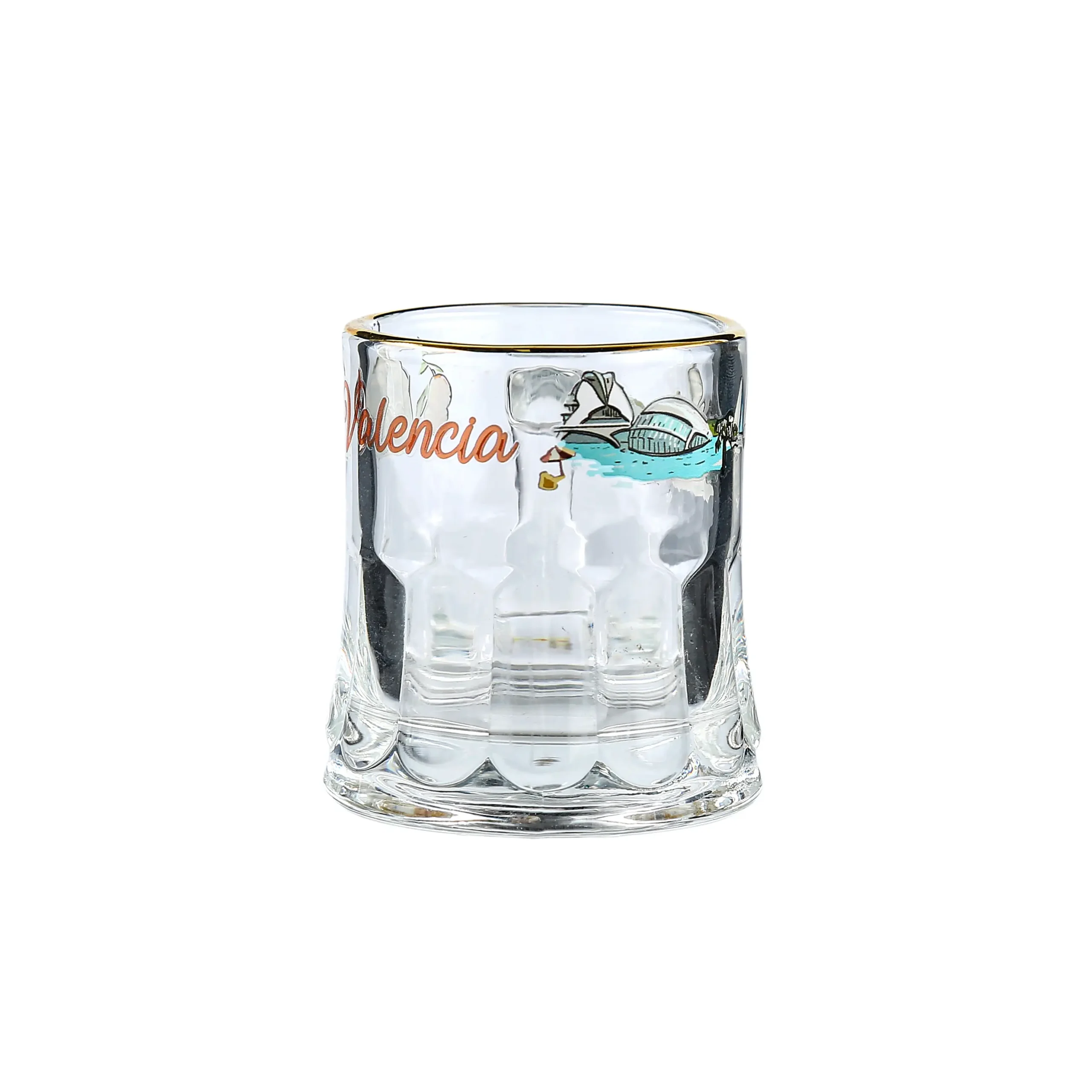 Decorative mini glass cup featuring a colorful cityscape print and sailboat design for promotional gifts.
