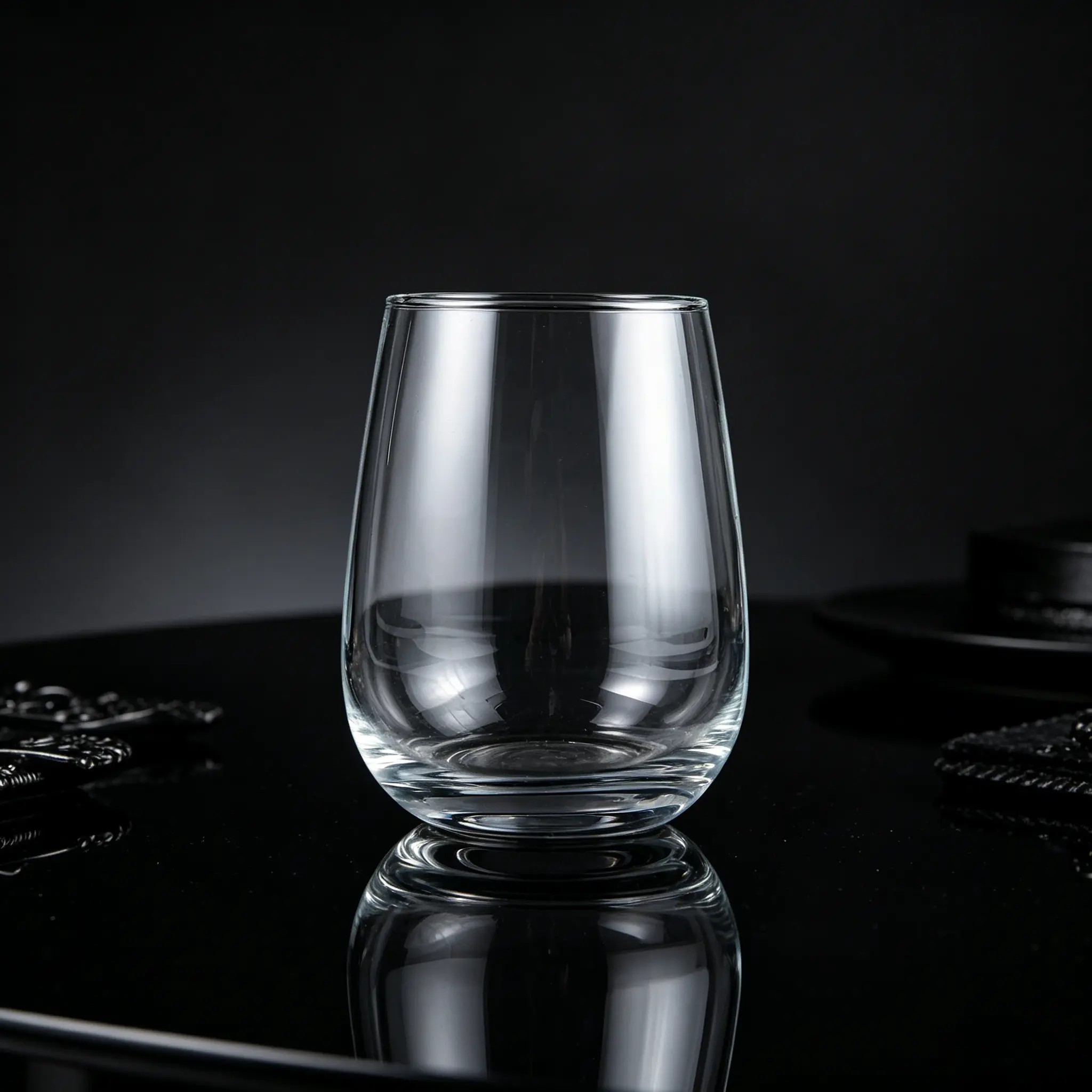 Premium stemless wine glass with crystal clear glass finish