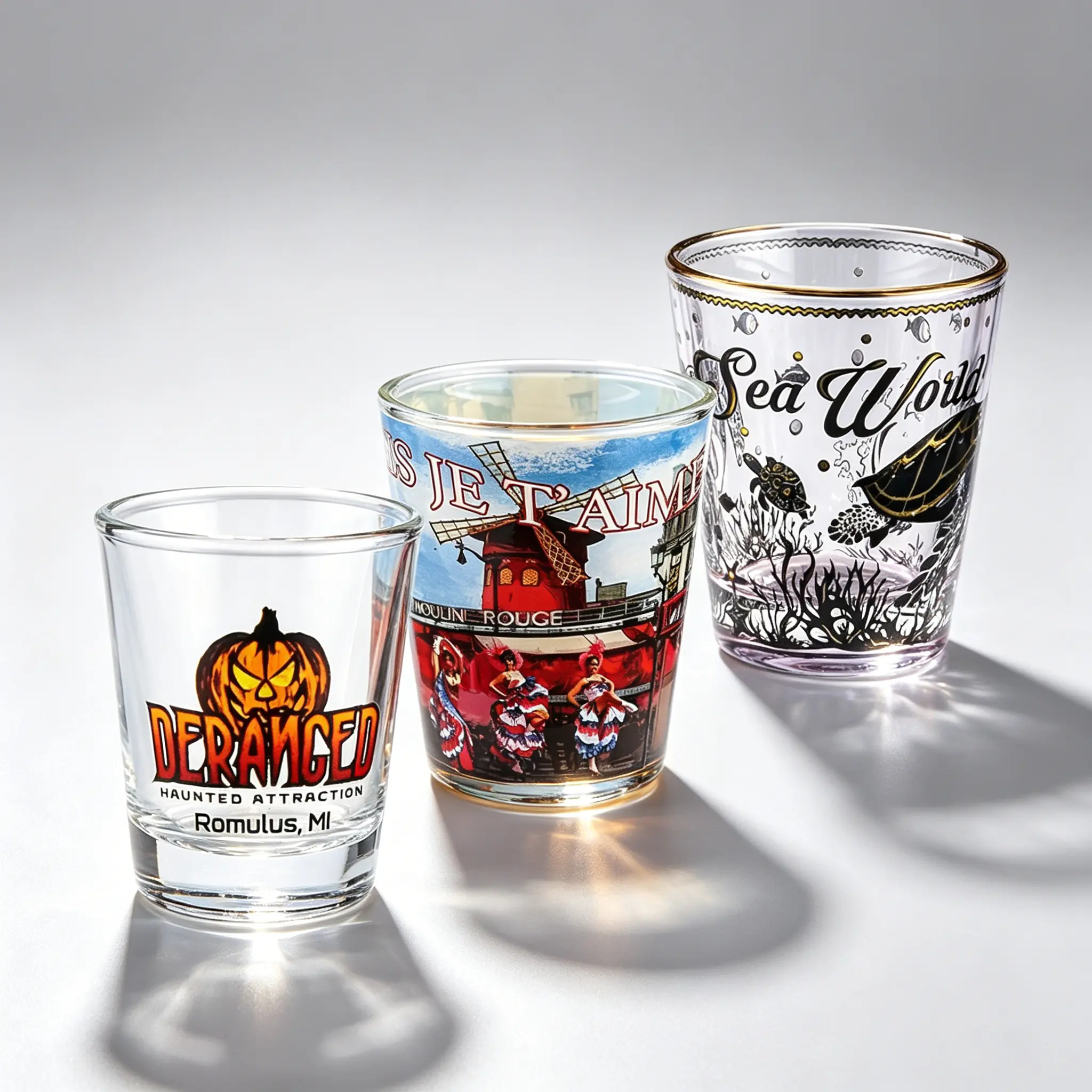 Shot glasses with decal printing gold rim decoration and custom artwork
