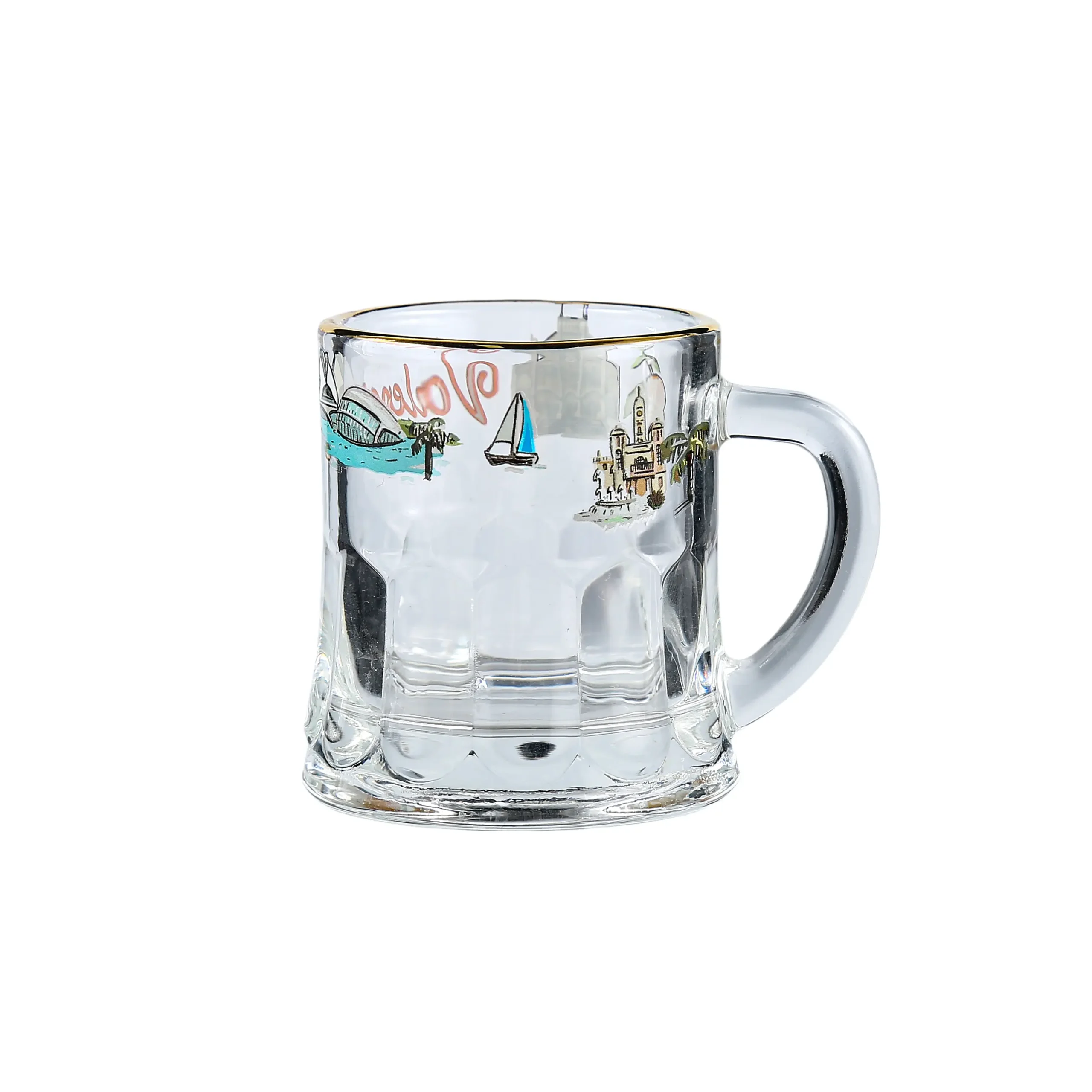 Mini clear glass shot glass with a handle and gold rim, 58.5ml capacity, perfect for custom bulk orders.