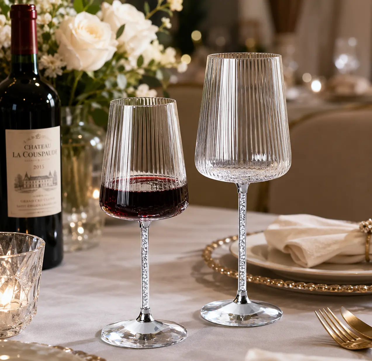 Luxury ribbed crystal wine glass with rhinestone stem for elegant dining table decor