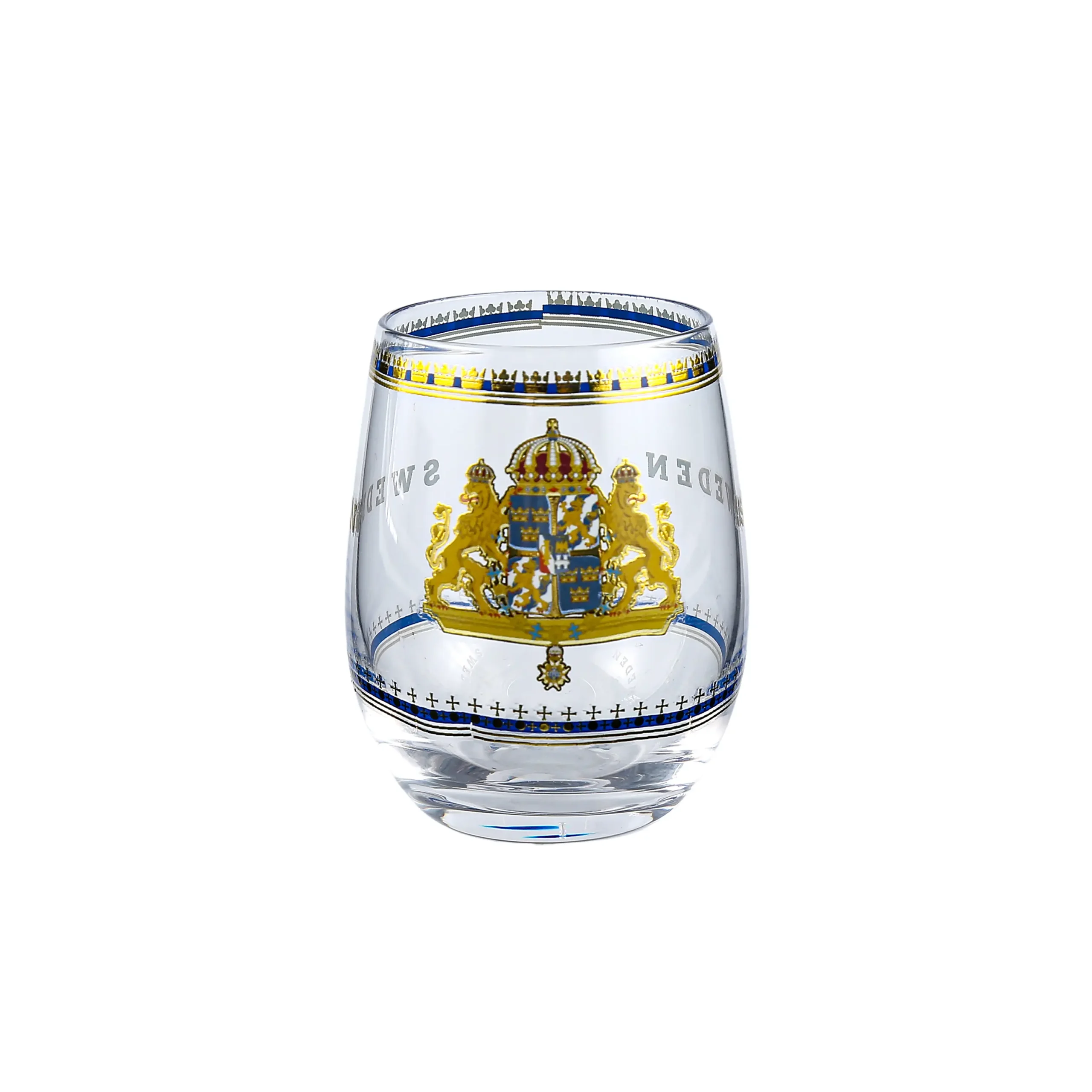 Close-up of a clear glass shot glass with blue and gold decorative bands, perfect for personalized corporate gifts or events.