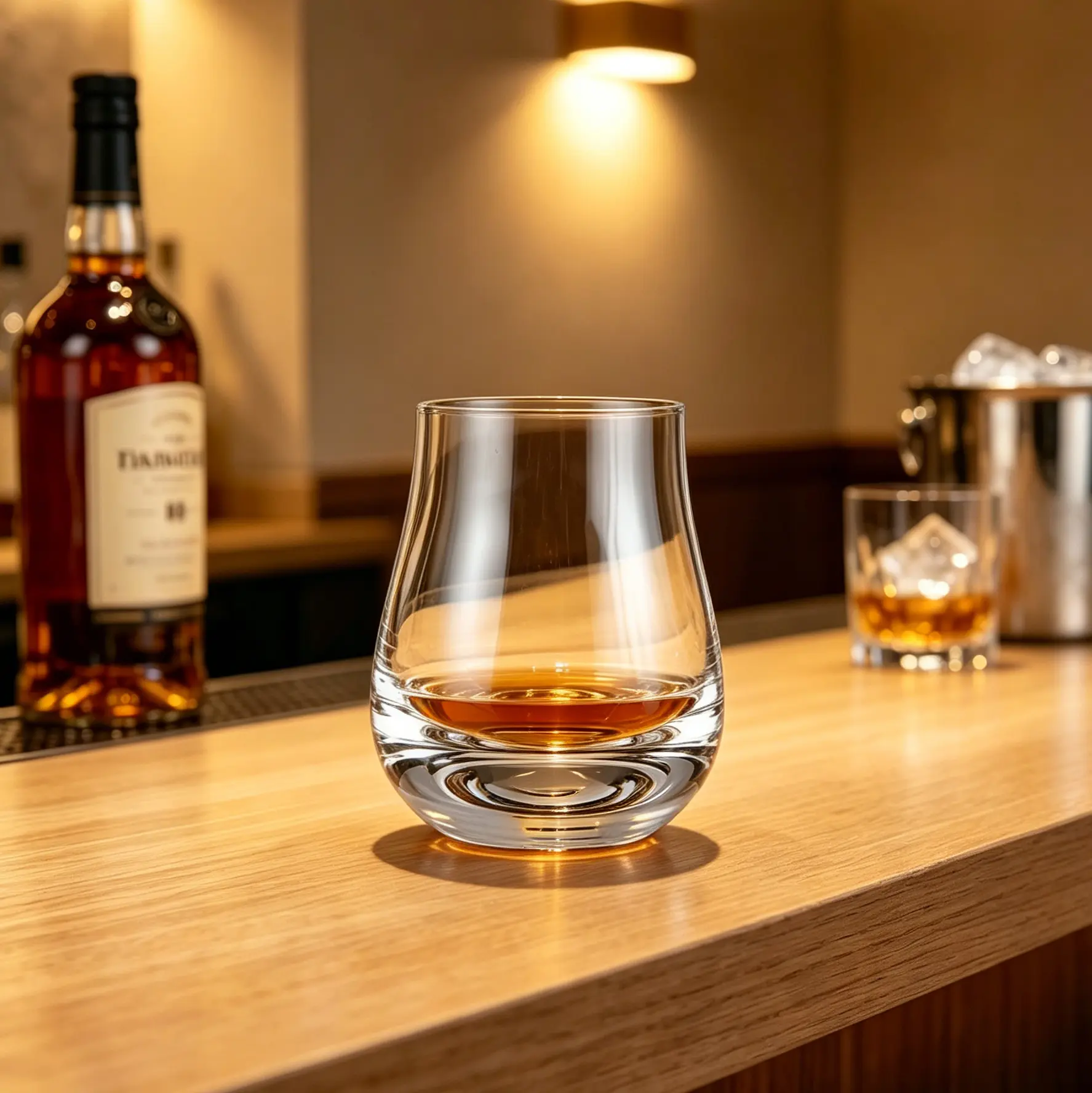 Scotch drinking glass with whisky served on a bar counter