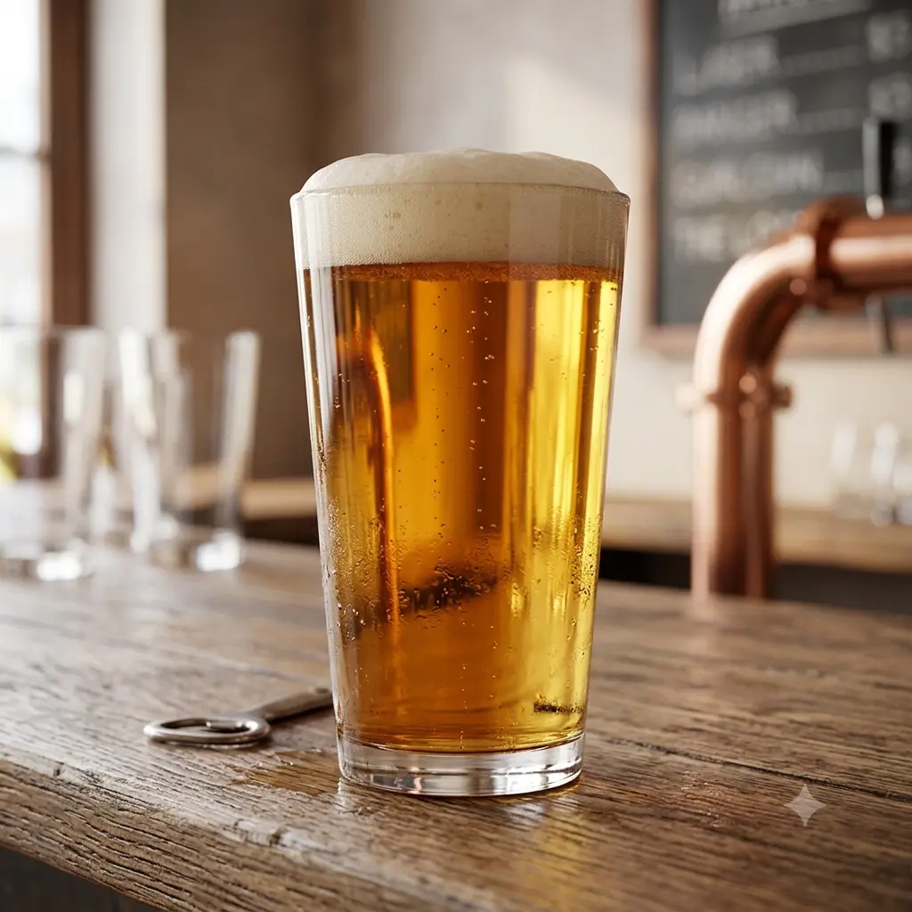 Shaker beer glass served with draft beer in a bar setting