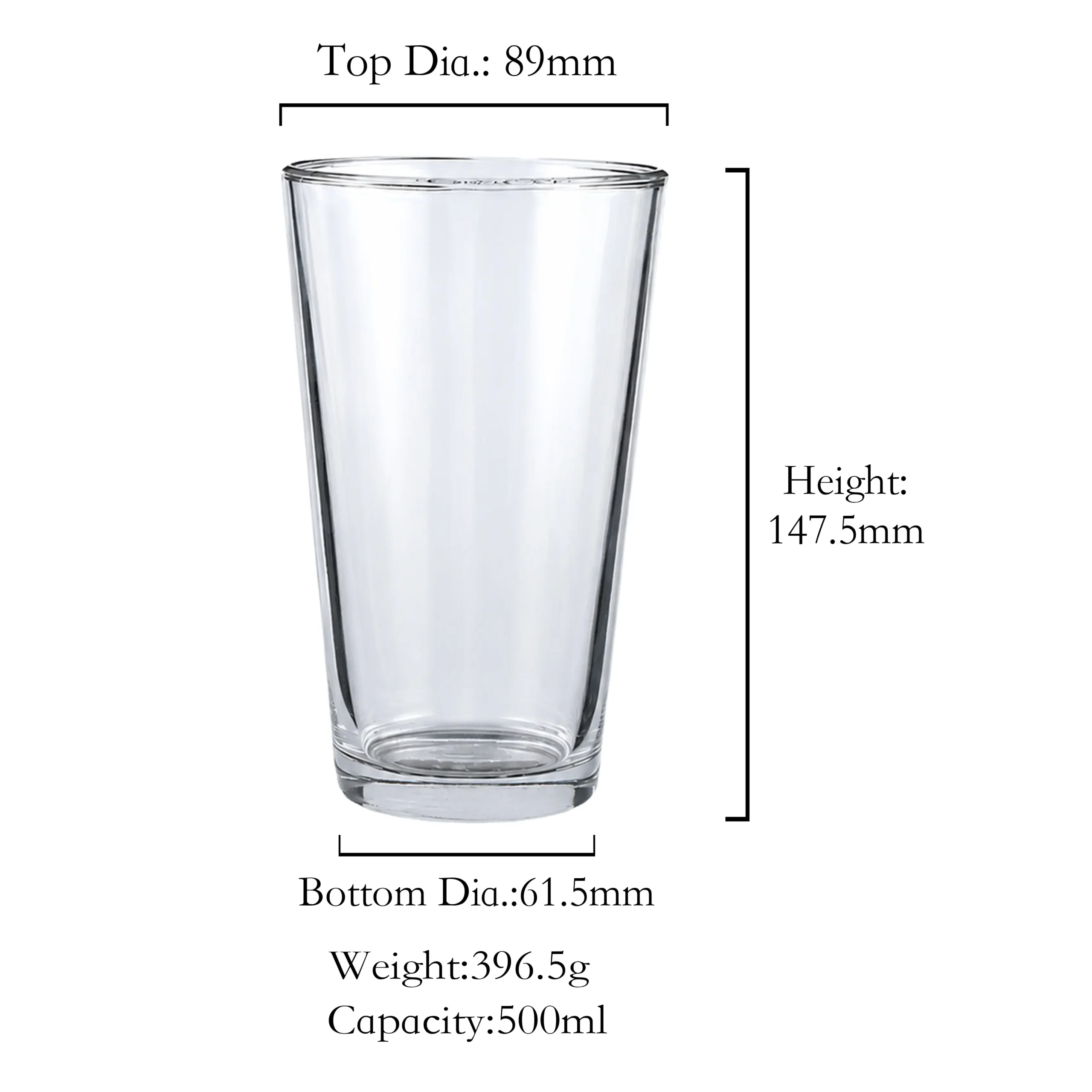 Shaker beer glass dimensions and specifications