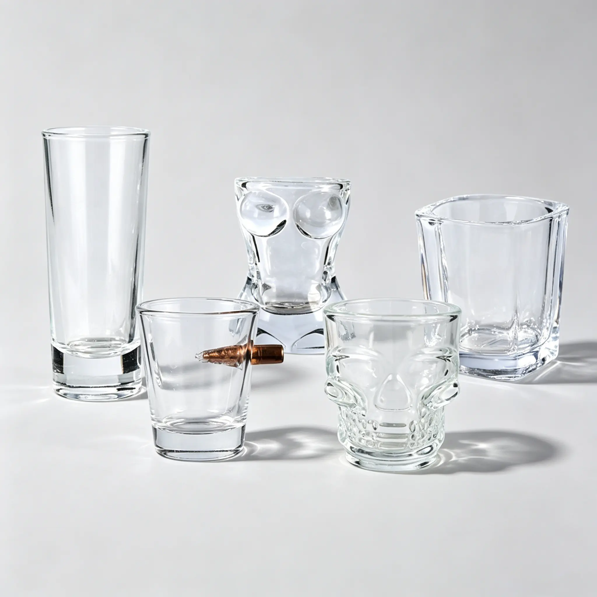 Collection of shot glasses in various shapes and styles, including unique and novelty designs