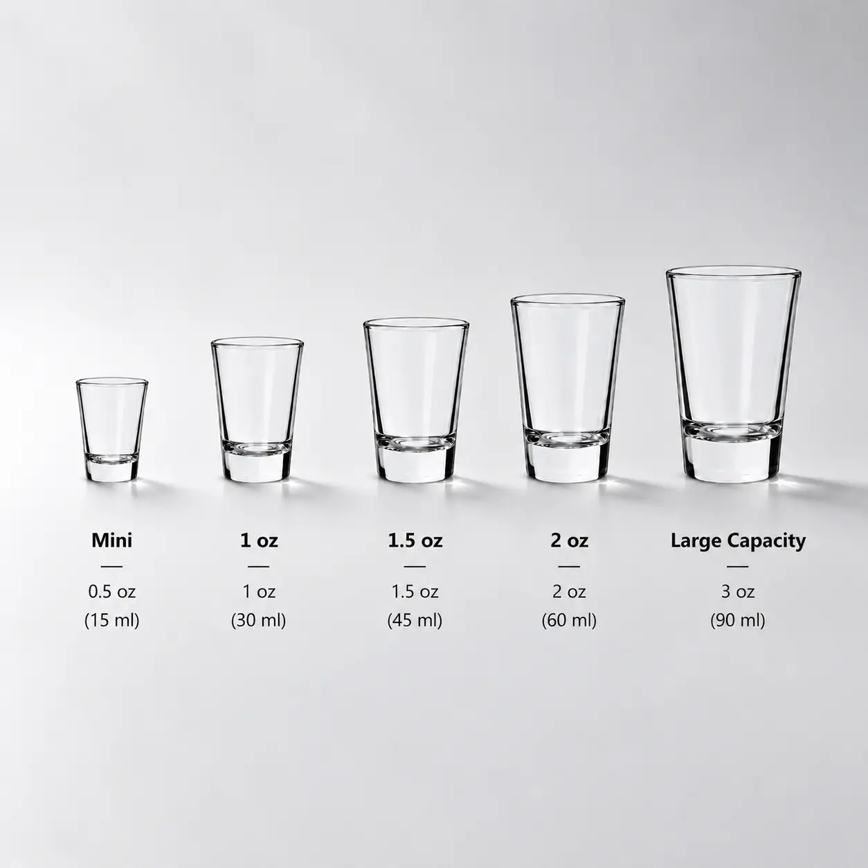 Shot glasses available in multiple capacities from 1 oz to 3 oz