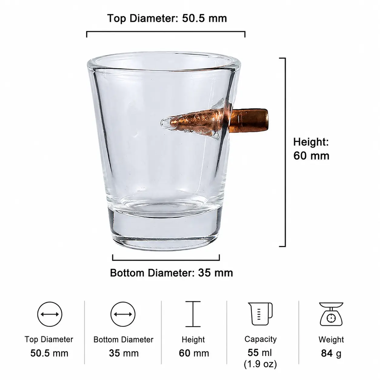 Dimensions and specifications of shot glasses with bullets in them, 55ml capacity, 60mm height and 50.5mm top diameter