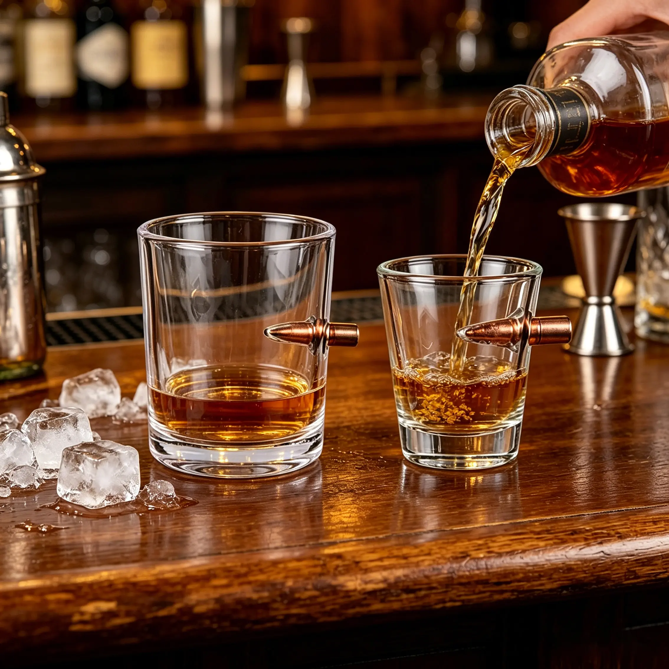 Shot glasses with bullets in them filled with whiskey at a bar, featuring an embedded bullet design
