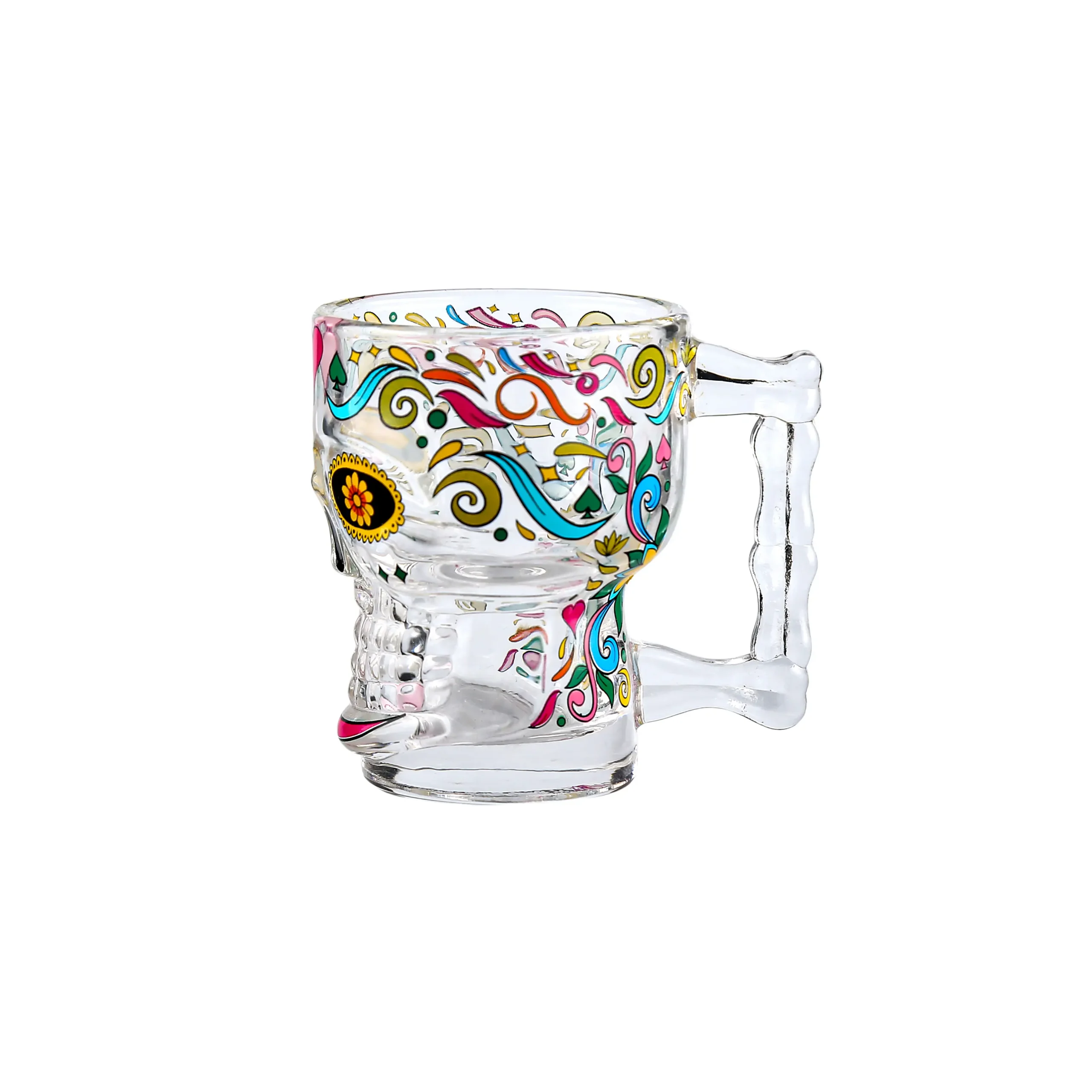 Colorful skull glass shot glass with bone handle for tequila and liquor.