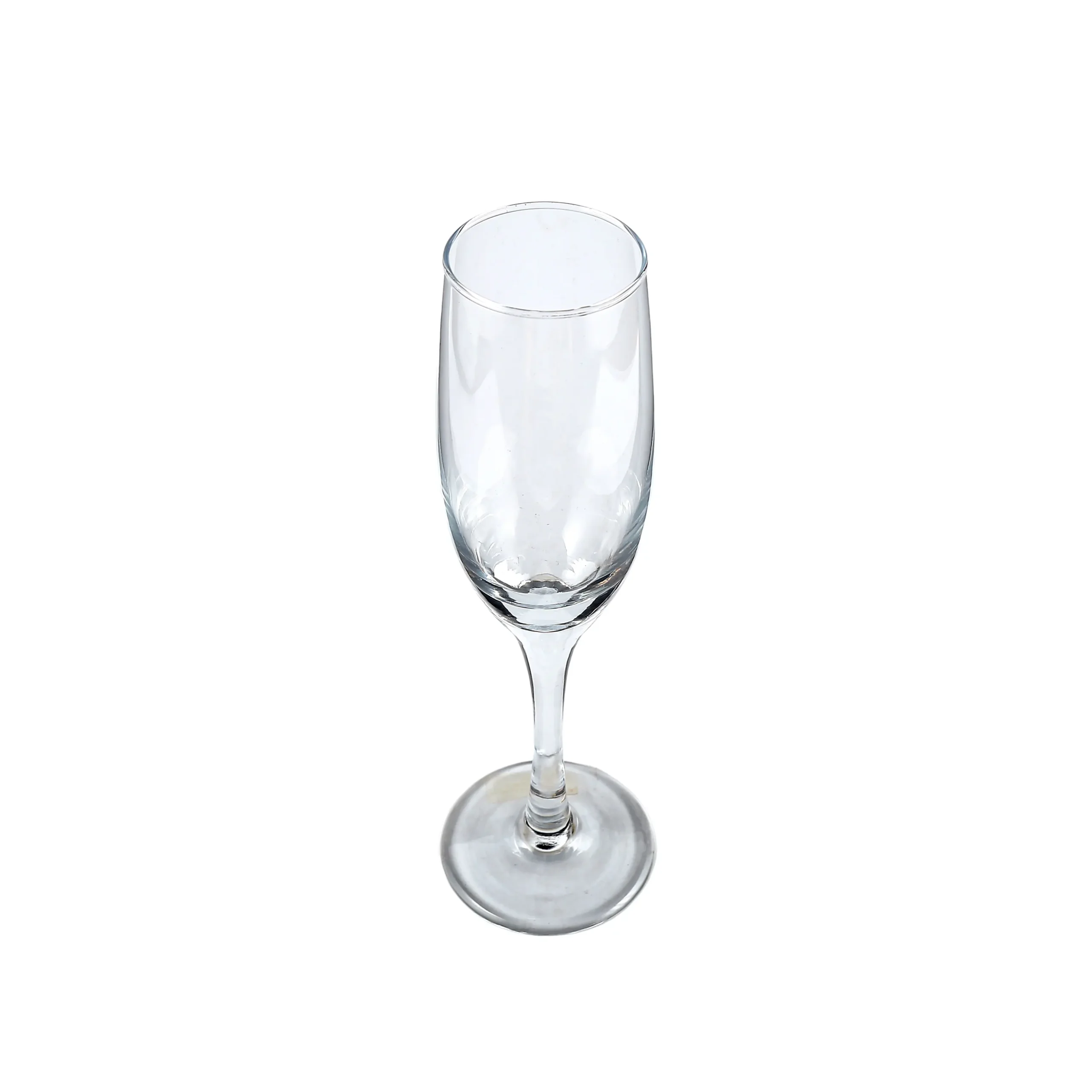 Slender champagne flute glass shown from a top angle view
