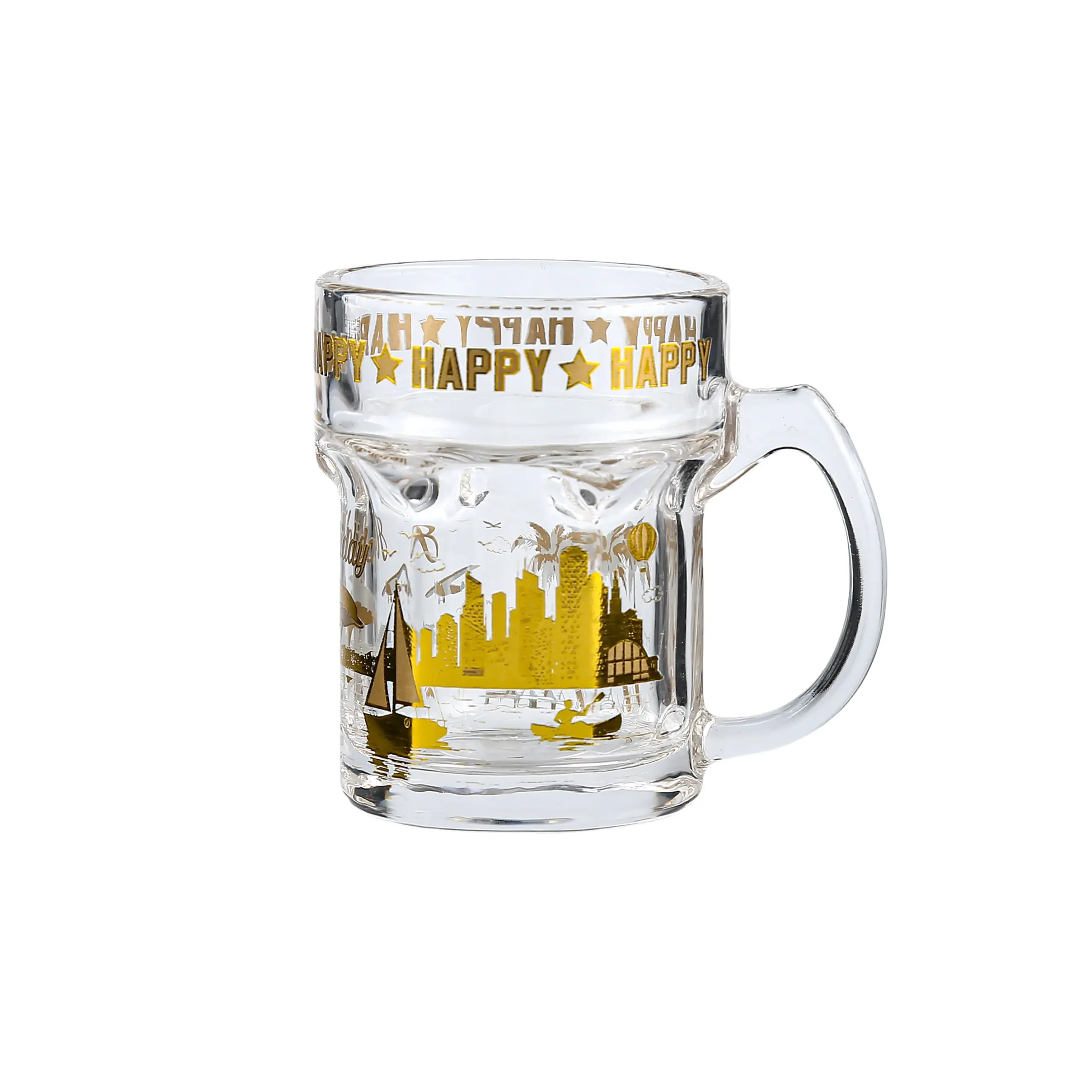 Miniature beer mug style small glass with handle used for party favors and celebrations, showing detailed gold stamping artwork.