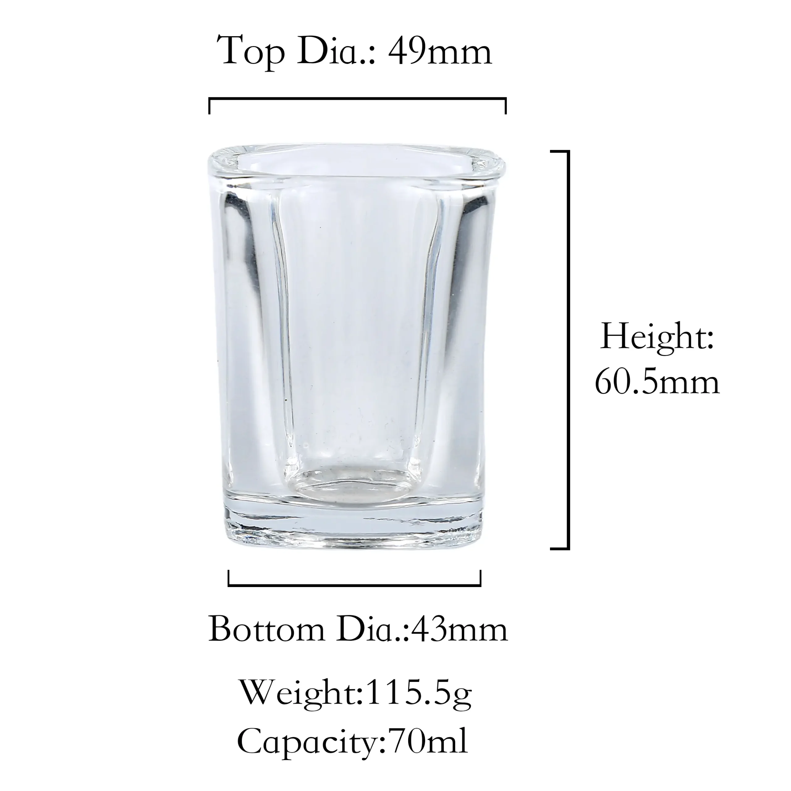 square-shot-glass-dimensions-70ml Dimensions of a 70ml square shot glass with 49mm top diameter and 60.5mm height