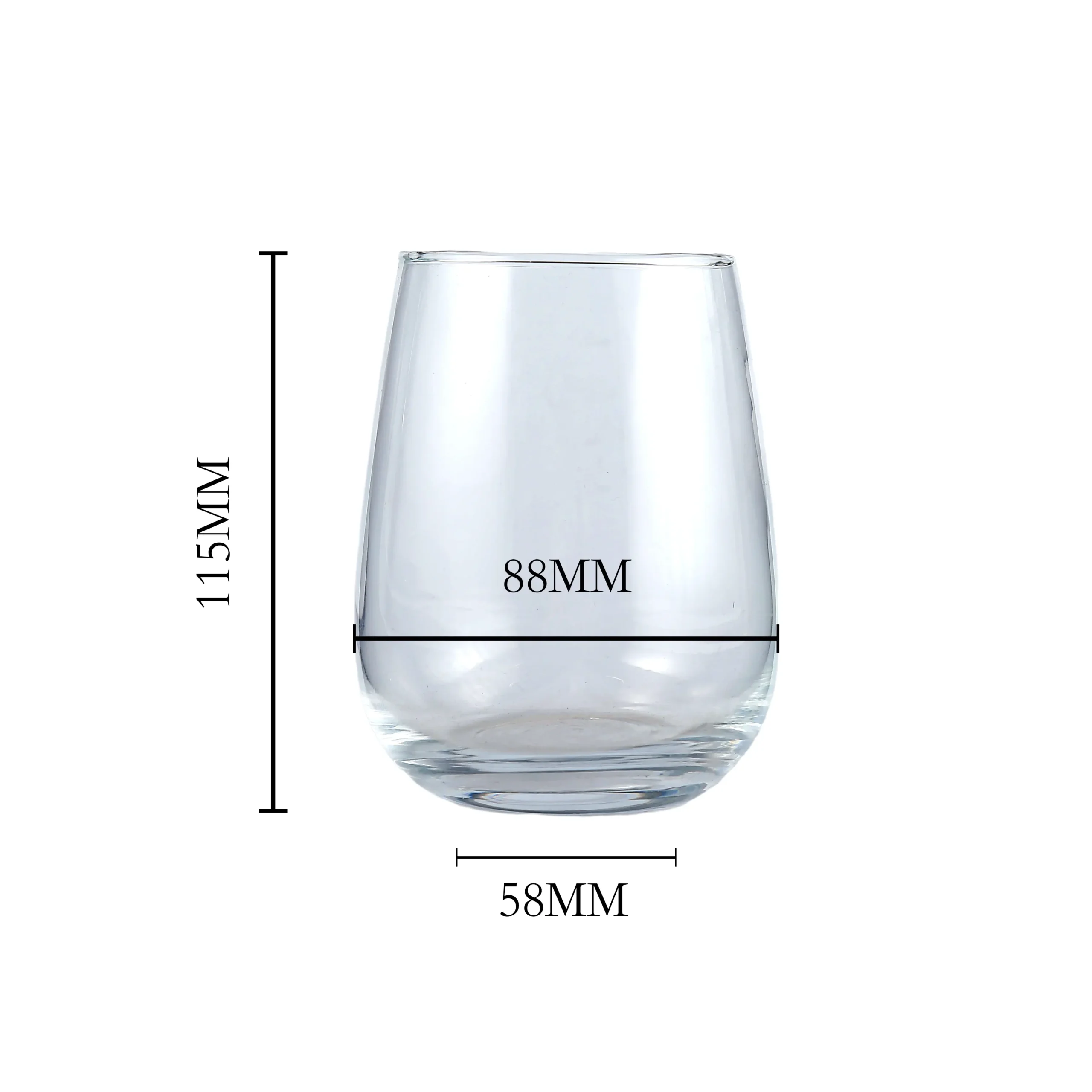 Dimensions of 515ml stemless wine glass showing height and diameter measurements