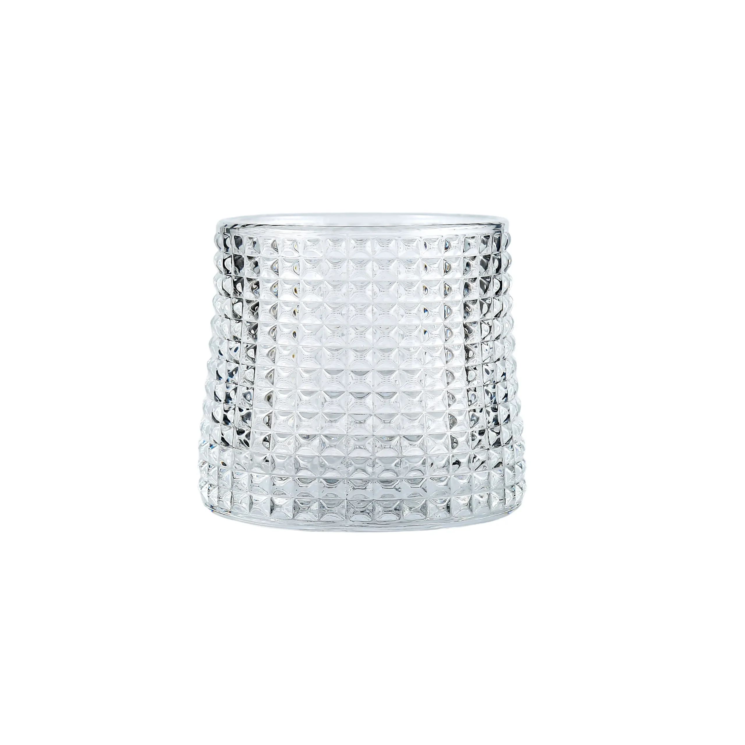 Textured whiskey glass with diamond cut pattern, front view showing 180ml capacity and rotating base design