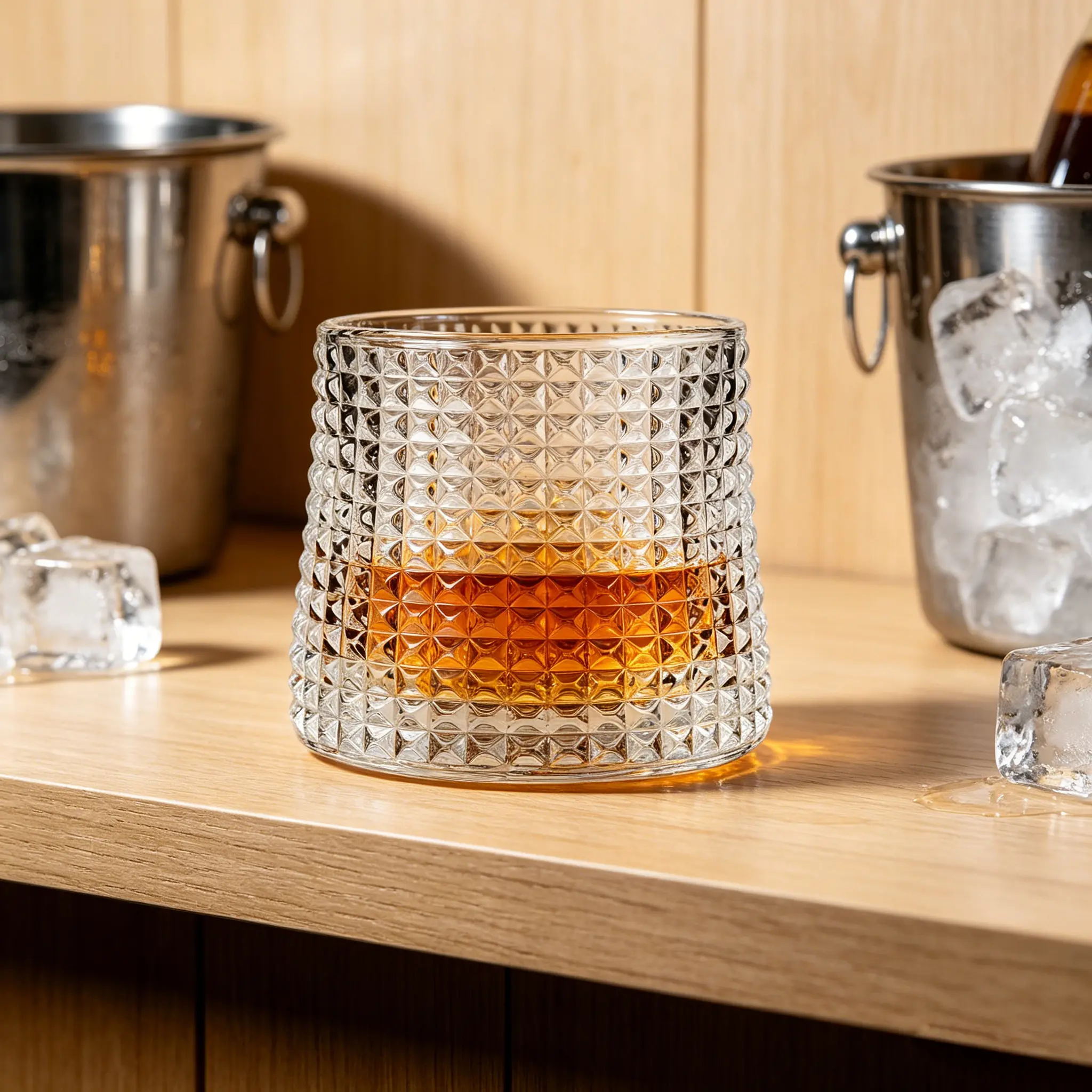 Textured whiskey glass filled with bourbon and ice on a wooden bar counter, ideal for home or bar use