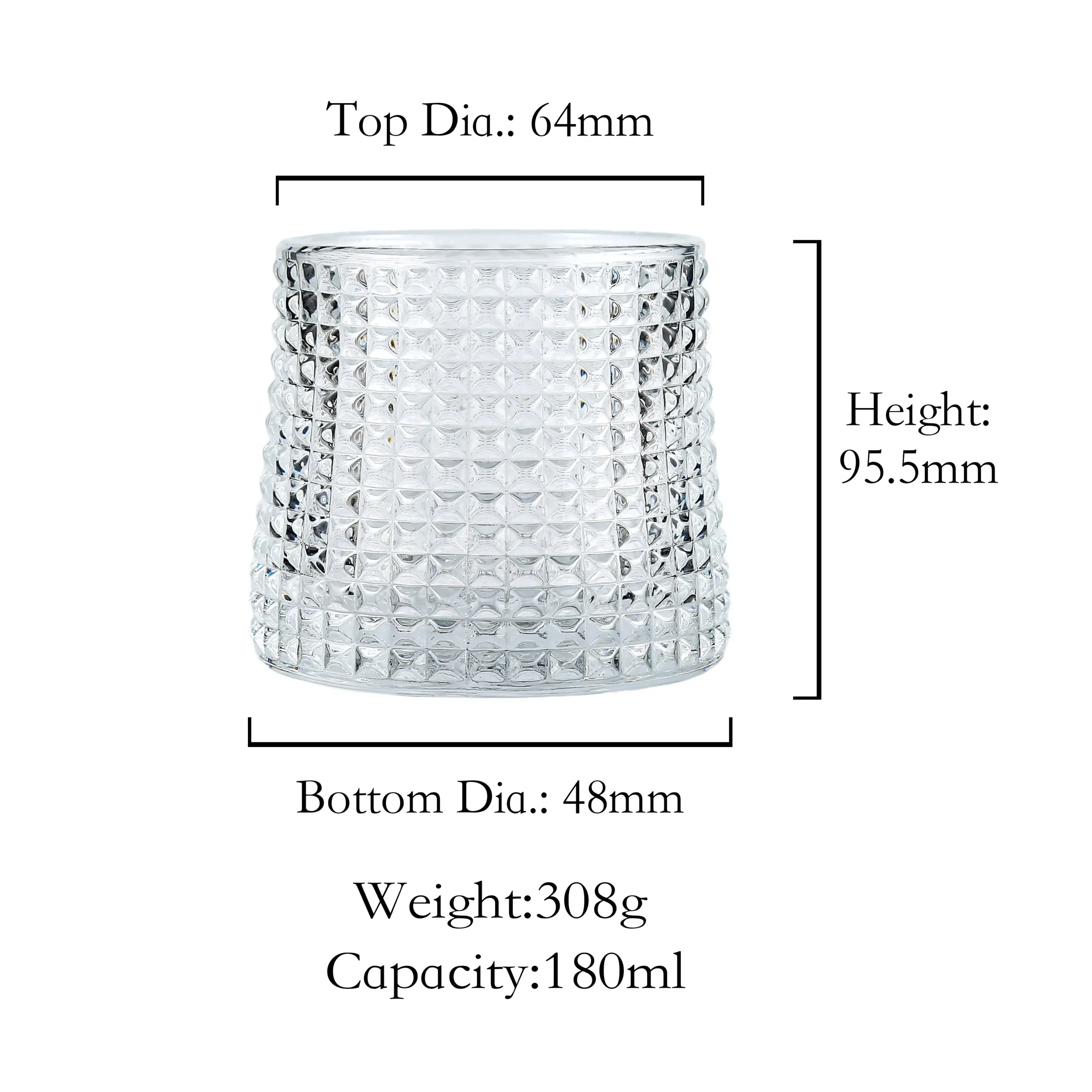 Size chart for textured whiskey glass: top diameter 64mm, height 95.5mm, bottom diameter 48mm, weight 308g, capacity 180ml