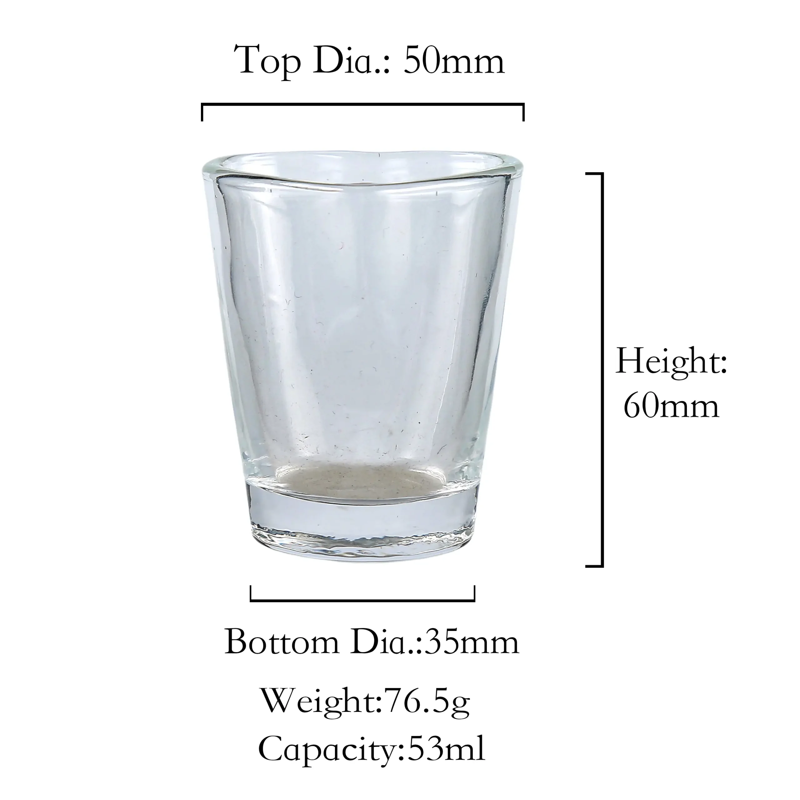 Heart shaped one-sip cup made of high transparency clear glass with a thickened base for stability.