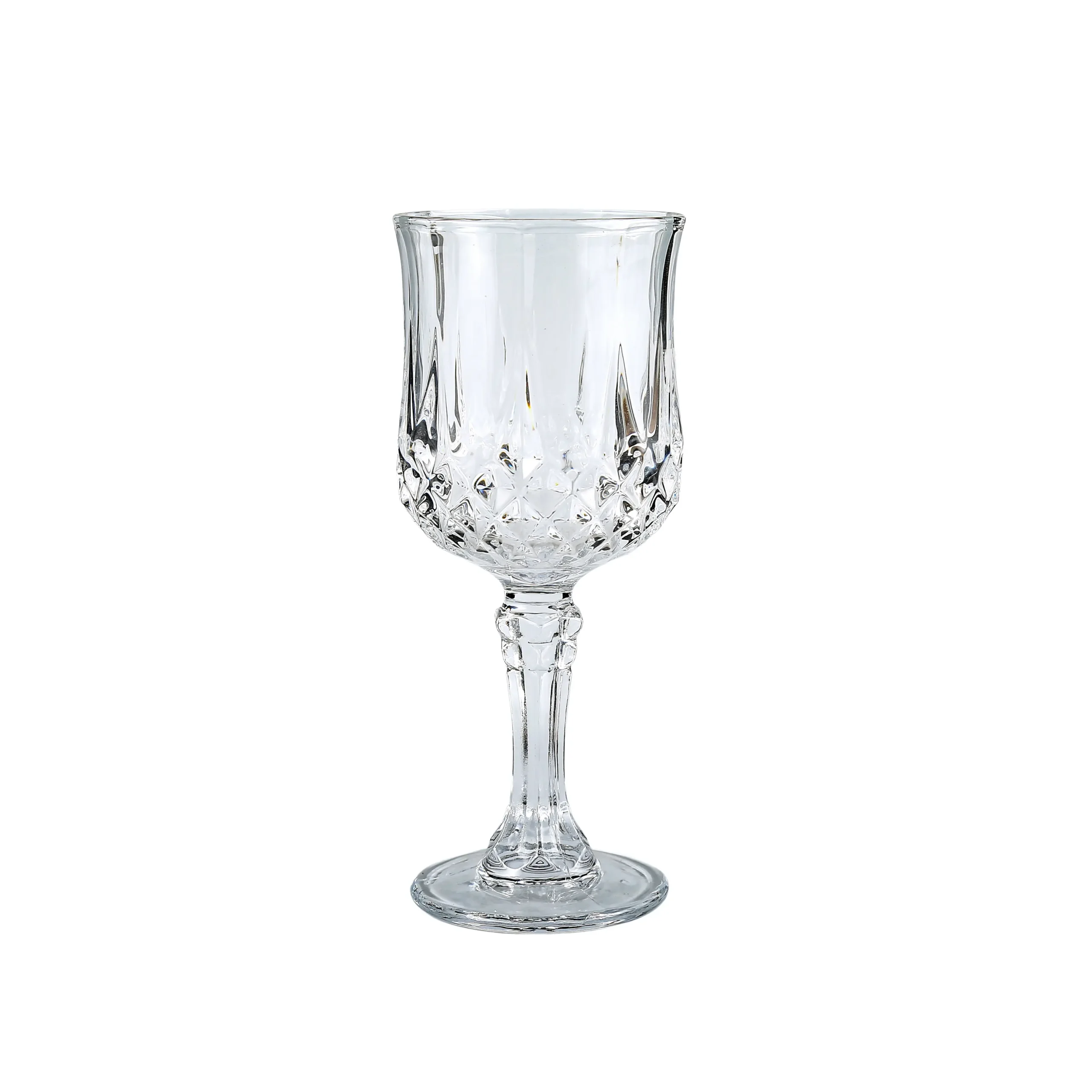 Clear vintage crystal wine glass with decorative cut glass pattern