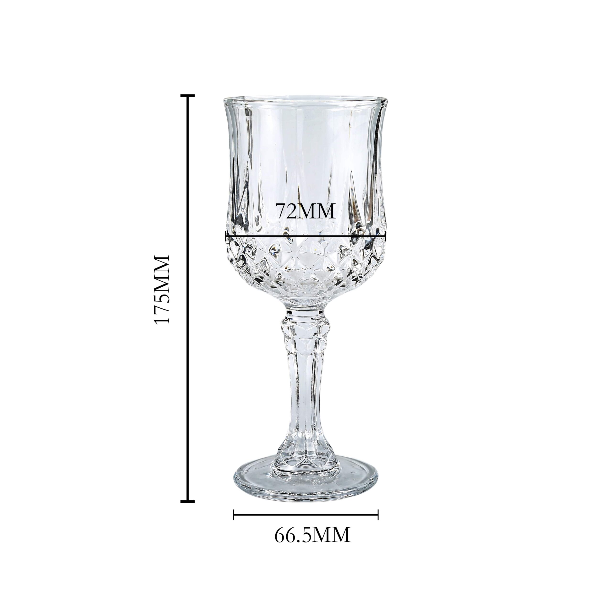 Dimensions of vintage crystal wine glass showing height and diameter measurements
