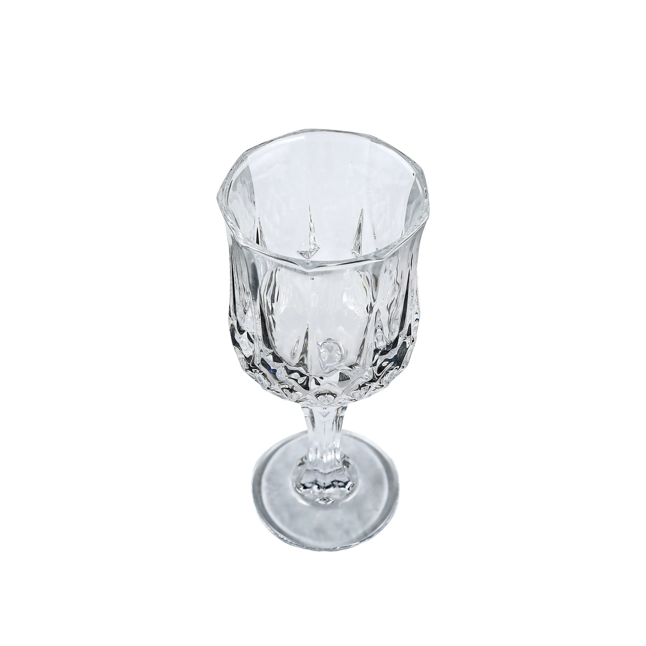 Top view of vintage crystal wine glass with decorative cut glass details