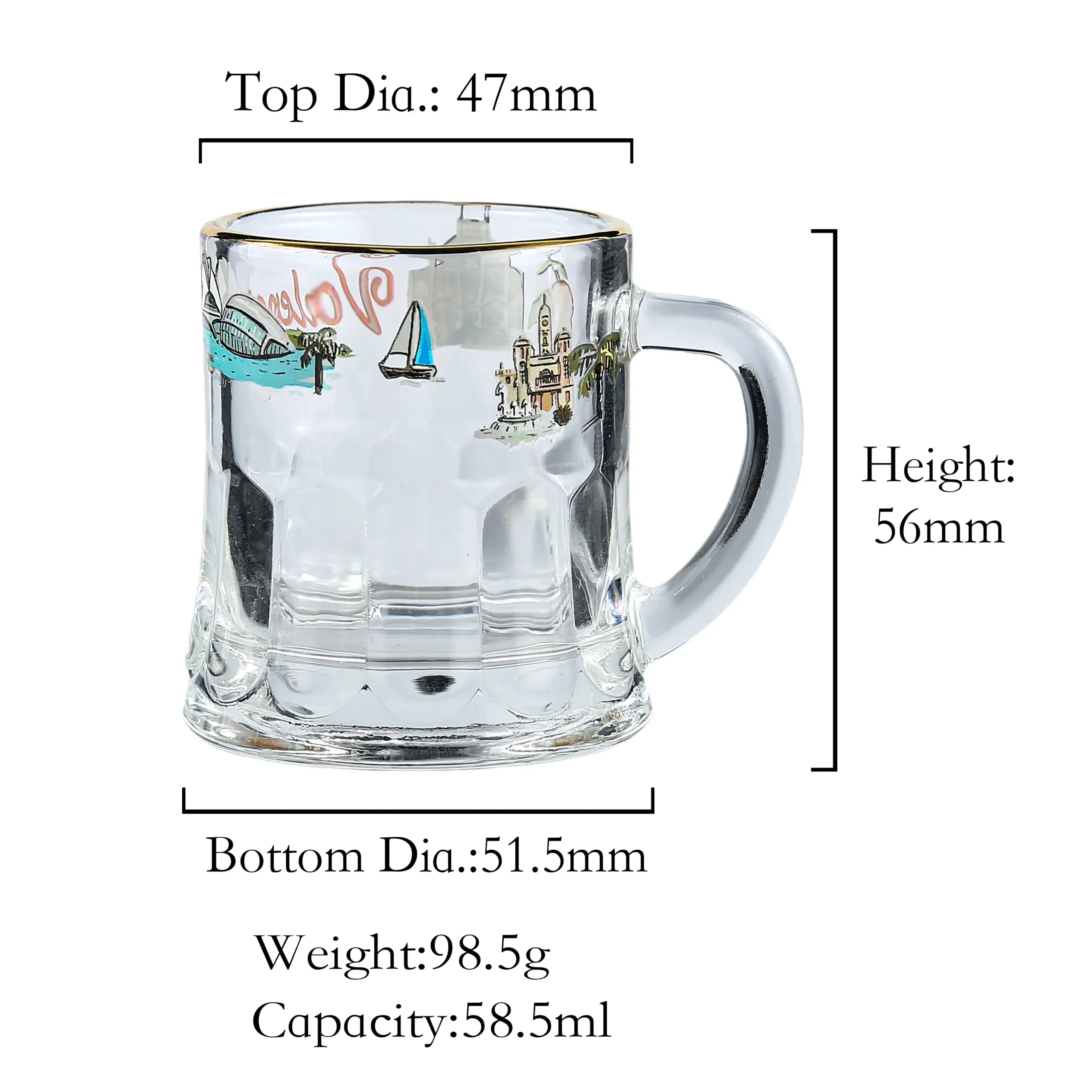 Small handled beer mug dimensions: 56mm height, 47mm top diameter, ideal for wholesale spirit cups.