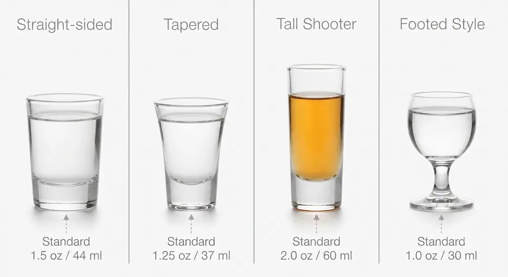 Standard wholesale shot glass shapes and capacity chart including 1.5oz tapered and straight-sided fluted glasses