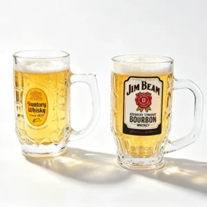 Heavy-duty custom printed beer mugs with brand logos filled with draft beer.