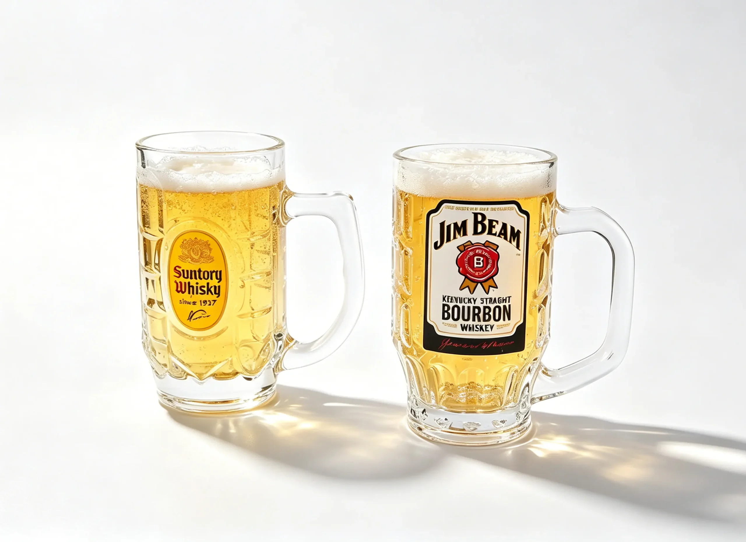 Heavy-duty custom printed beer mugs with brand logos filled with draft beer.