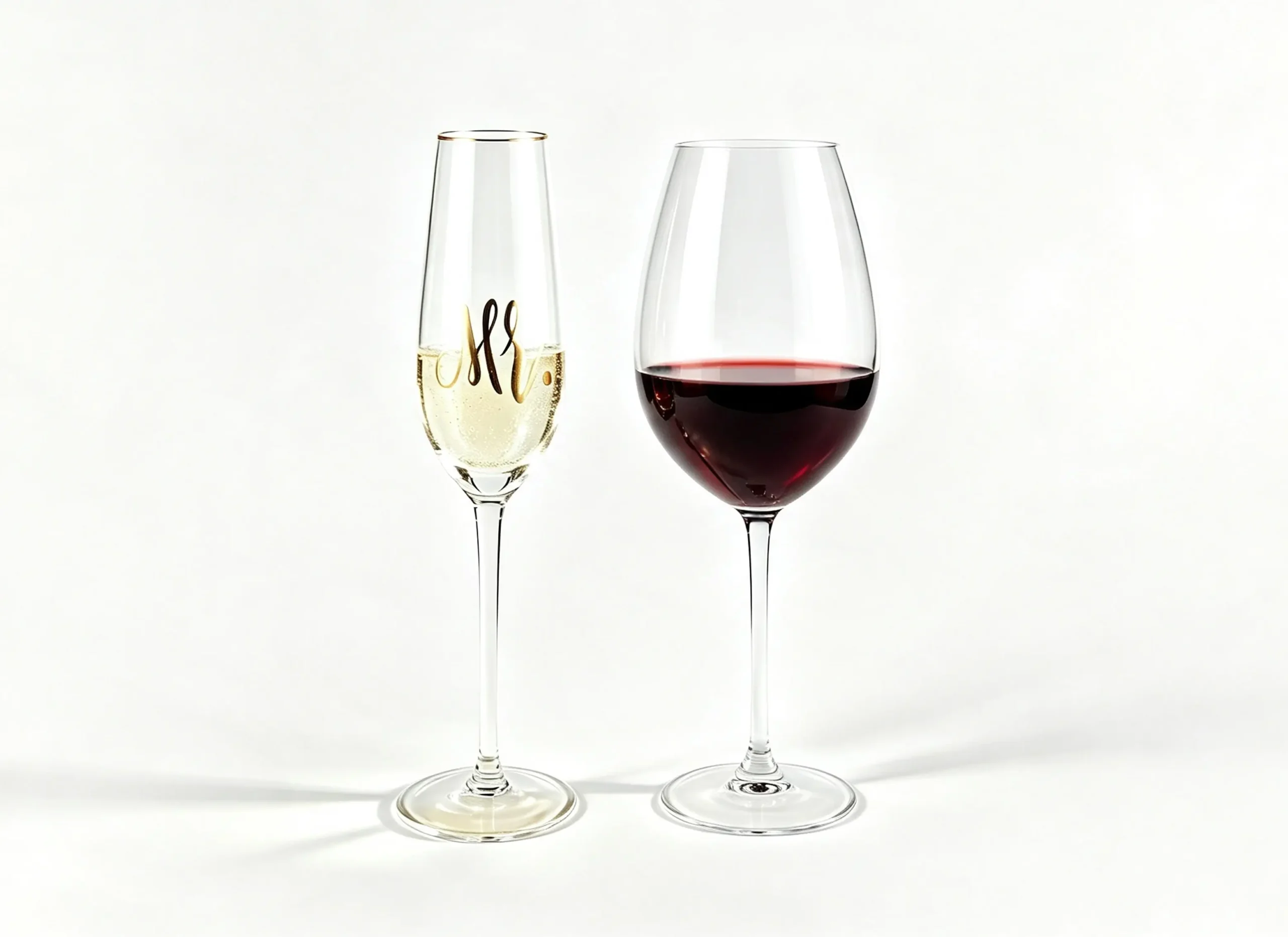 Personalized gold rim champagne flute with gold lettering and a classic red wine glass filled with wine.
