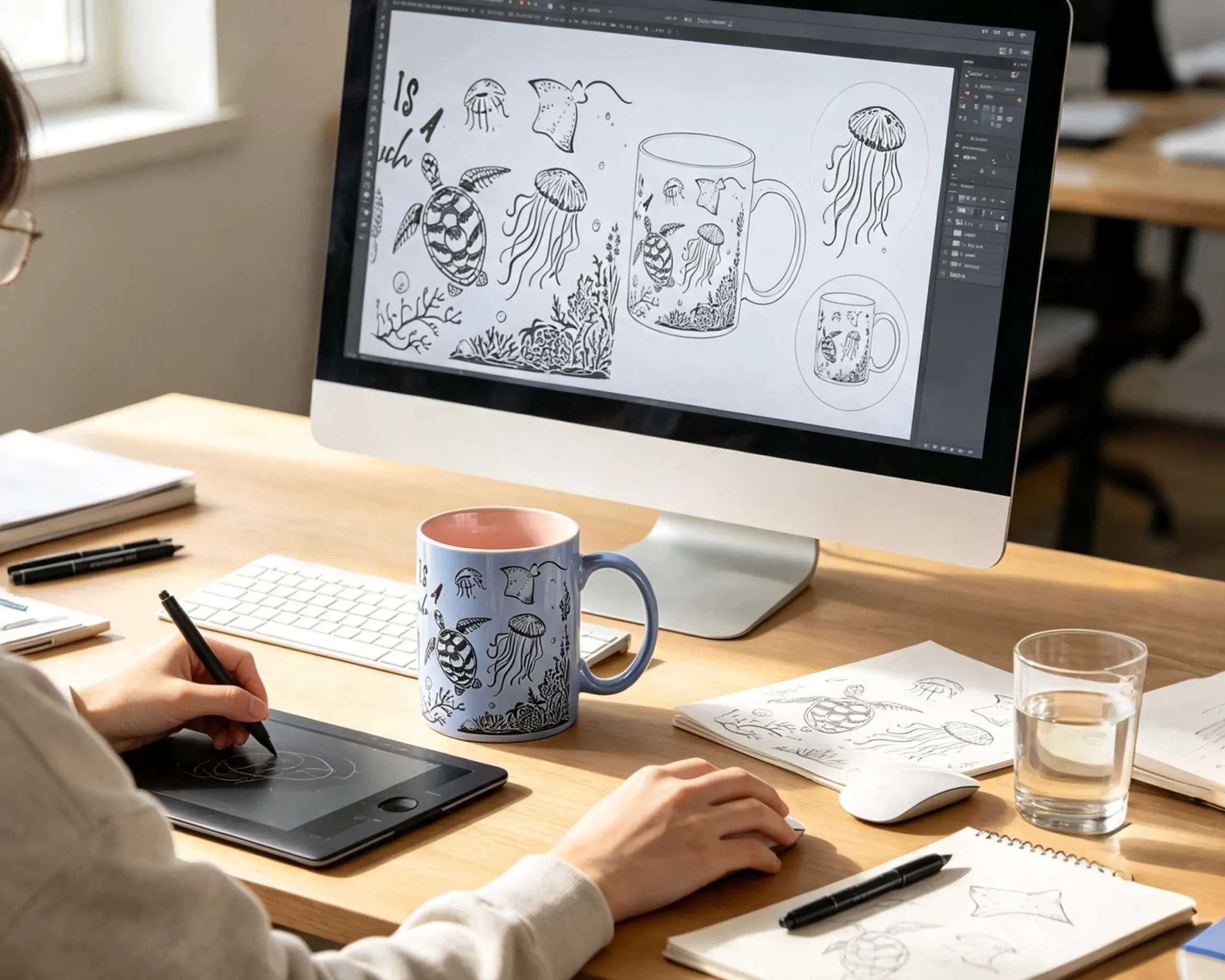Graphic designer working on custom glassware pattern layouts and logo design support.