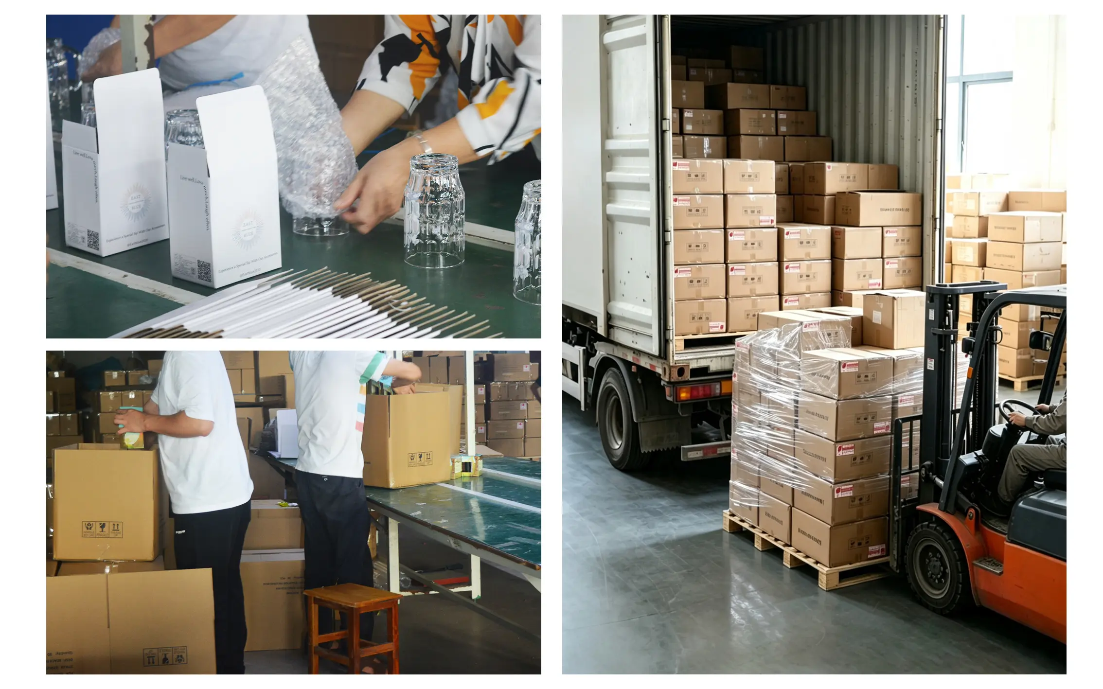 Professional export packaging and container loading of custom glassware for safe shipping.