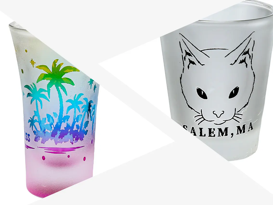 Custom glassware featuring sandblasted logo engraving and gradient frosted surface finishing.