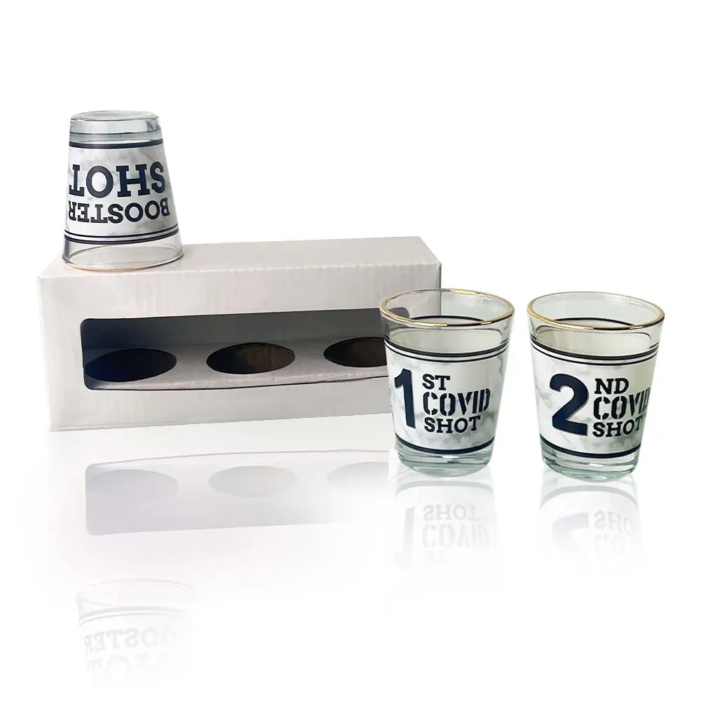 Custom gold rim booster shot glasses set with display holder for tequila and whiskey