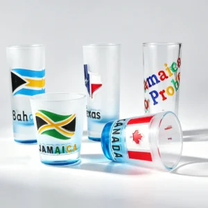 Custom shot glasses category banner showing elegant glassware and gift packaging for wholesale.