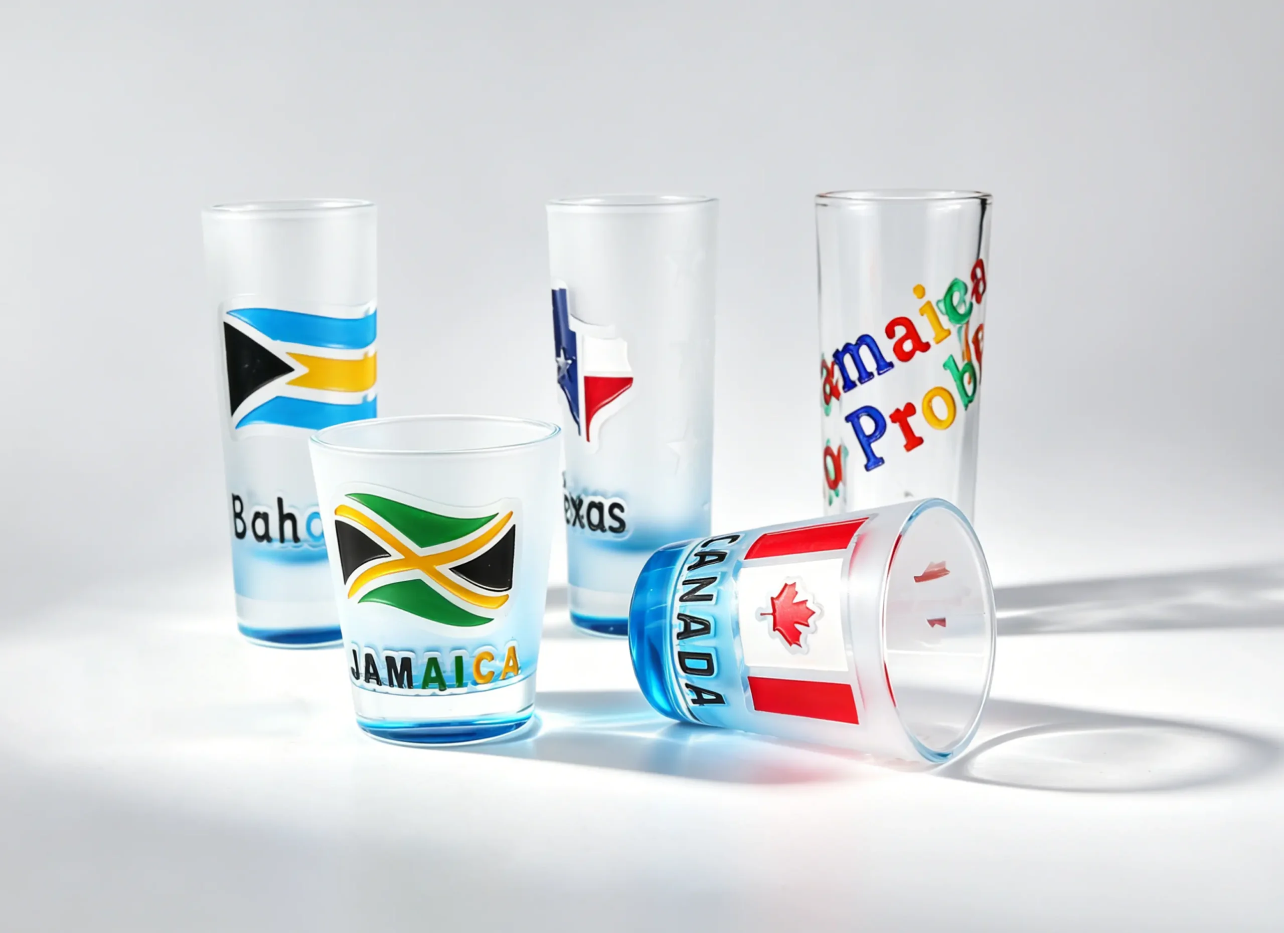 Custom shot glasses category banner showing elegant glassware and gift packaging for wholesale.