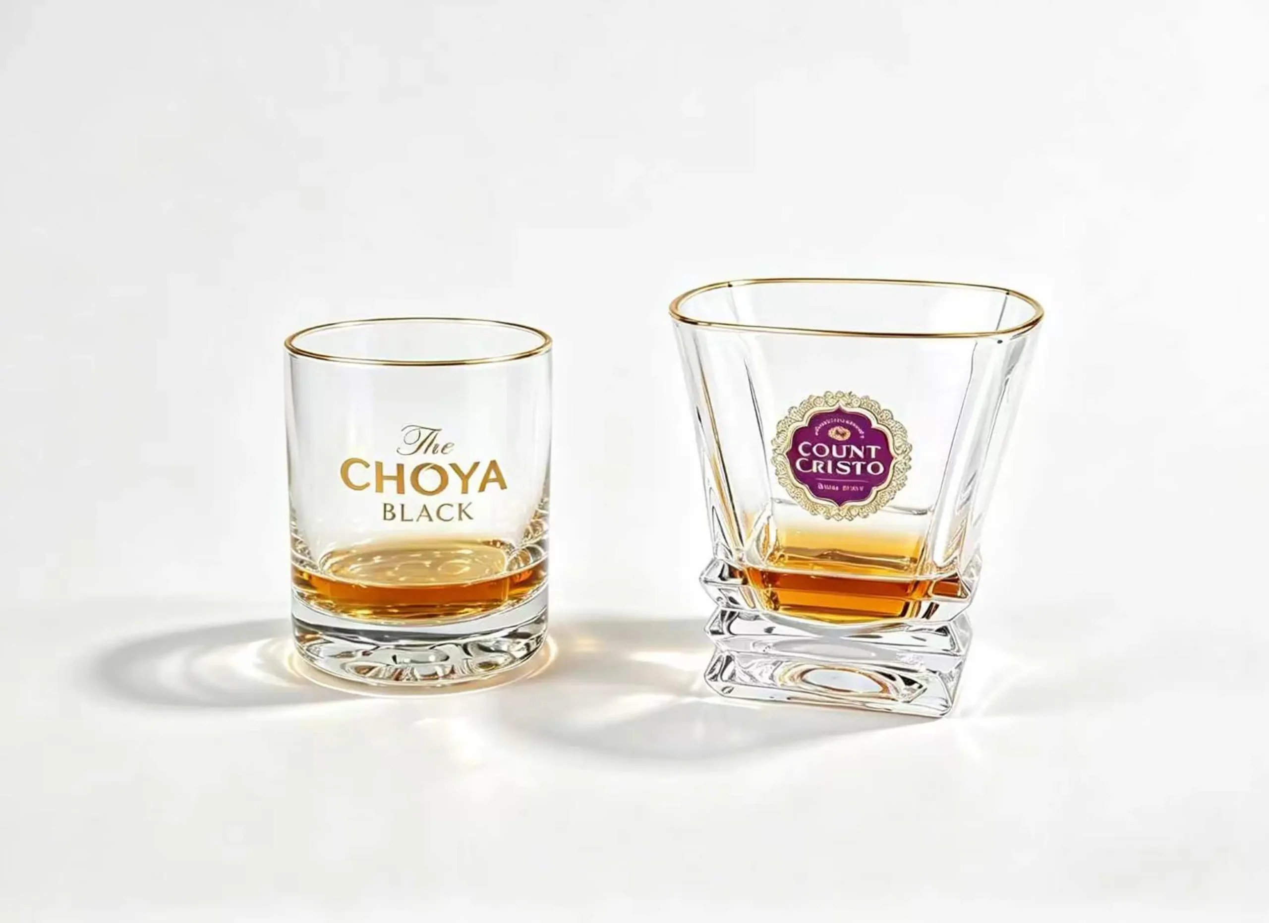Custom branded whiskey glasses with printed company logo for wholesale orders.